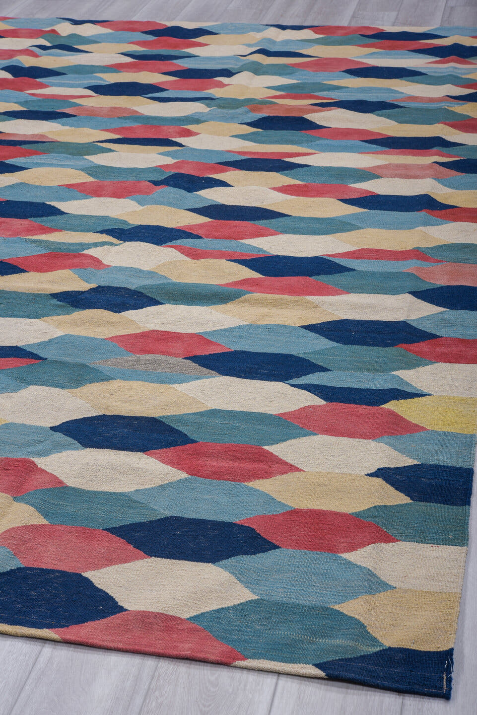 10' x 14' one-of-a-kind handmade vintage Kilim large size rug. Color palette: ivory, sky blue, teal, coral, navy, cream