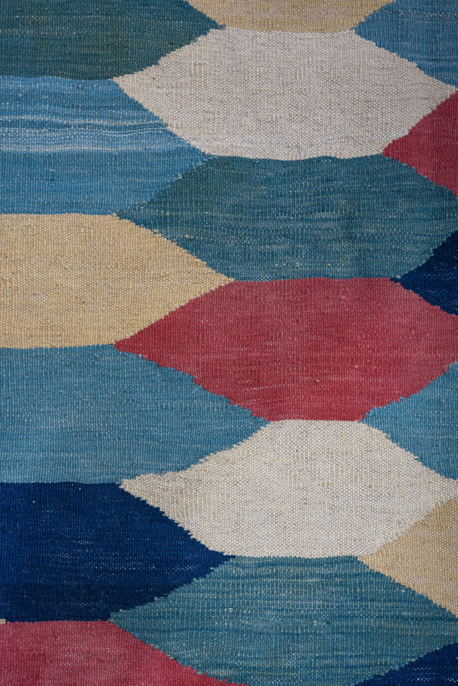 10' x 14' one-of-a-kind handmade vintage Kilim large size rug. Color palette: ivory, sky blue, teal, coral, navy, cream