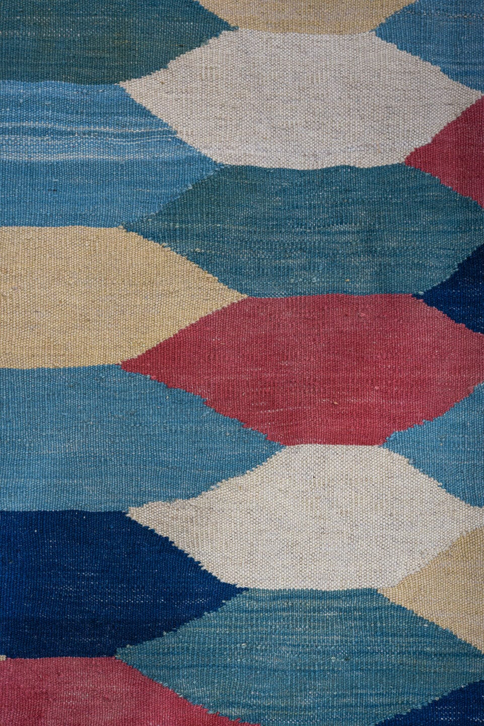10' x 14' one-of-a-kind handmade vintage Kilim large size rug. Color palette: ivory, sky blue, teal, coral, navy, cream
