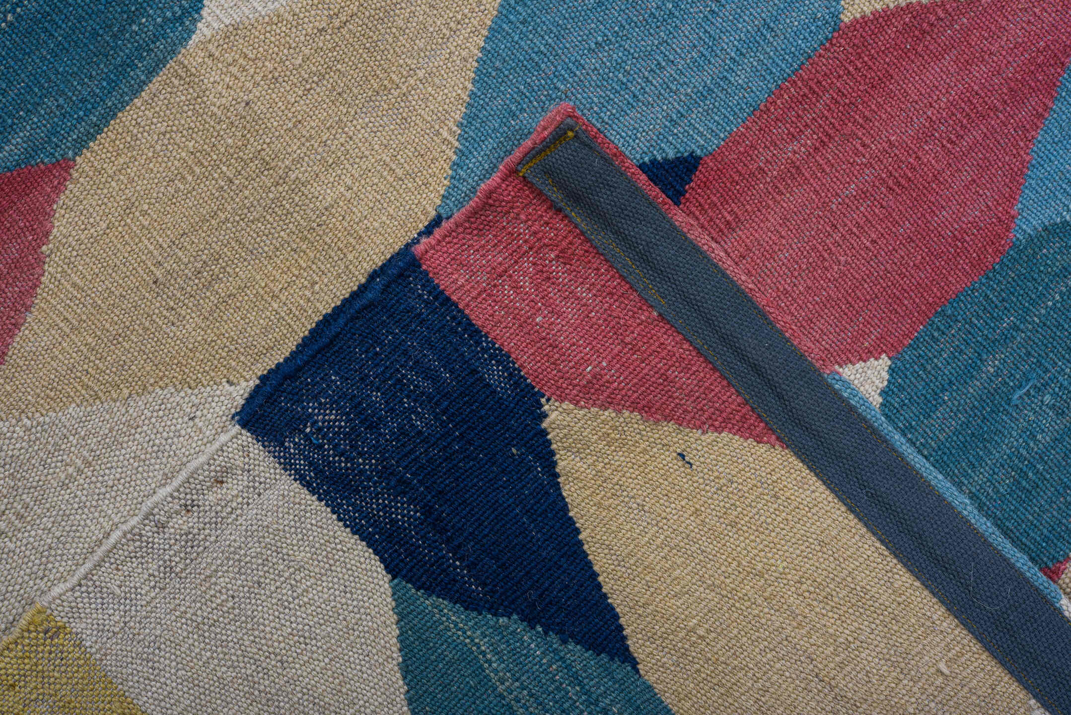 10' x 14' one-of-a-kind handmade vintage Kilim large size rug. Color palette: arapawa, blue, brown, dark gray, gray