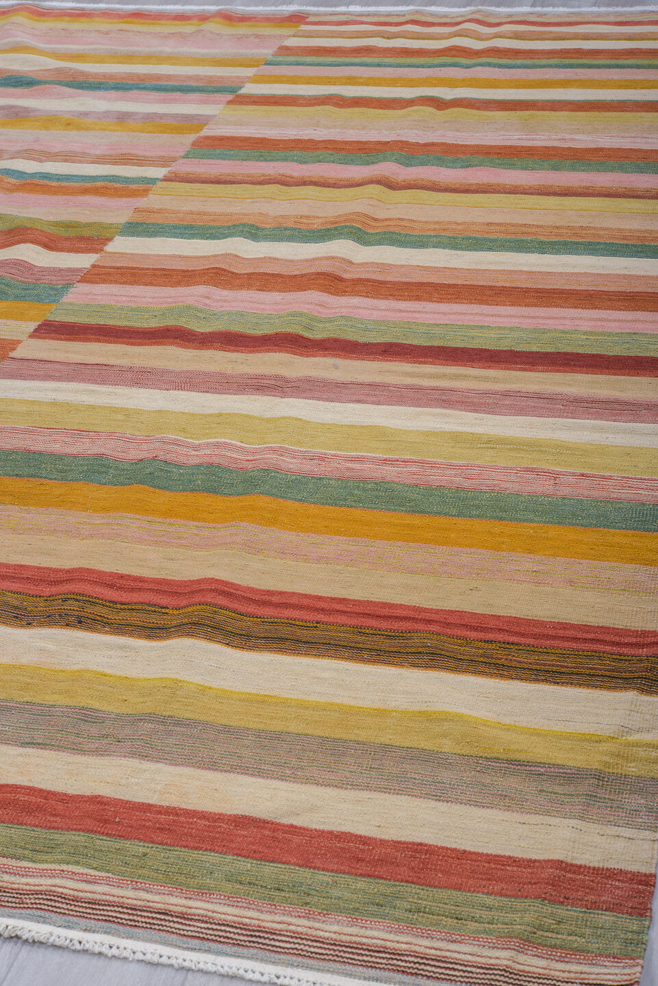 8' x 11' one-of-a-kind handmade vintage Kilim large size rug. Color palette: ivory, blush, terra cotta, gold, sage, taupe