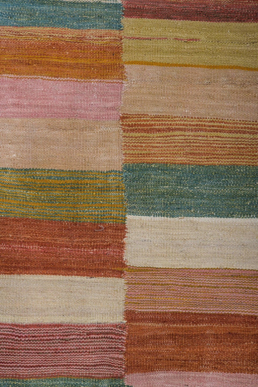 8' x 11' one-of-a-kind handmade vintage Kilim large size rug. Color palette: ivory, blush, terra cotta, gold, sage, taupe