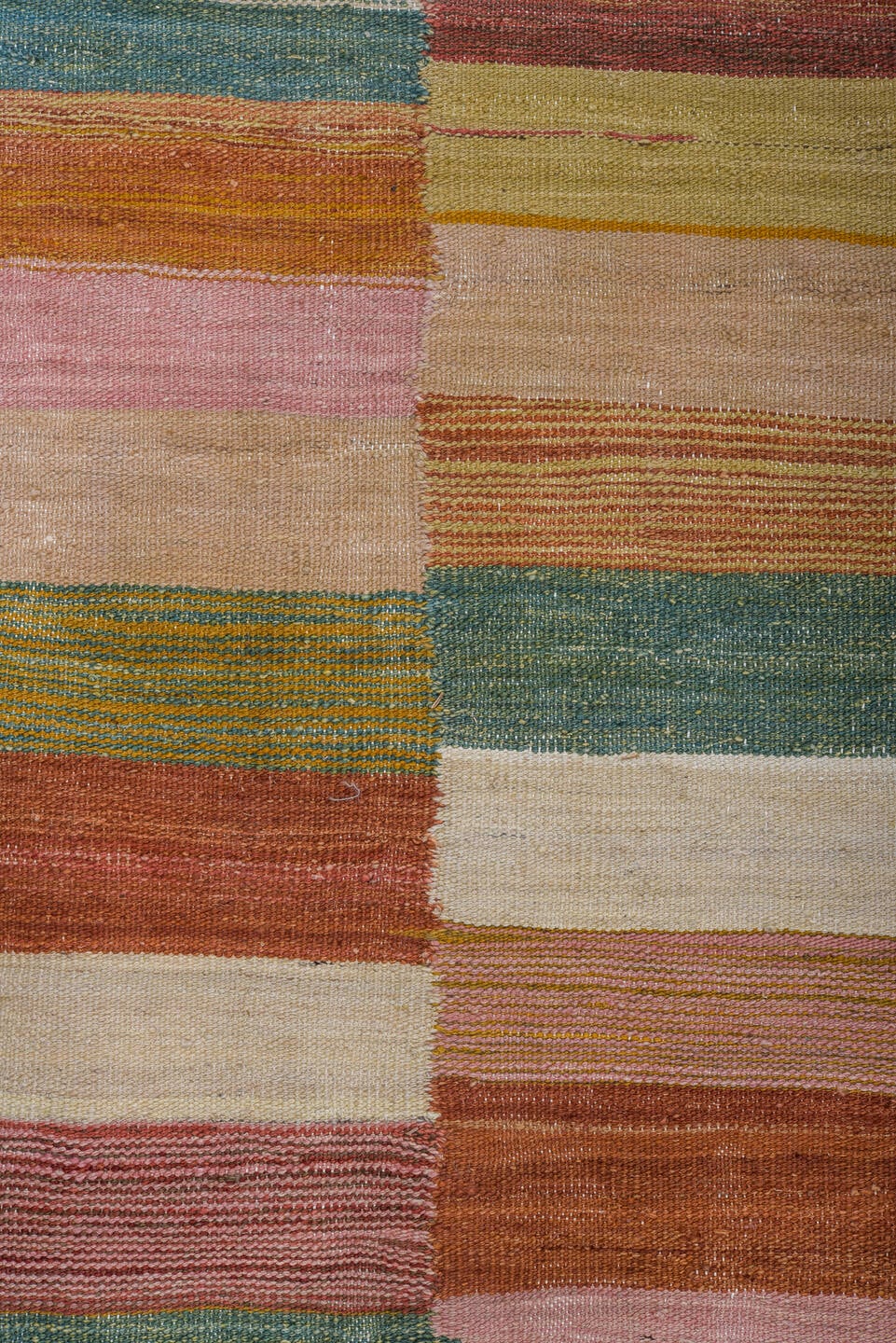 8' x 11' one-of-a-kind handmade vintage Kilim large size rug. Color palette: ivory, blush, terra cotta, gold, sage, taupe