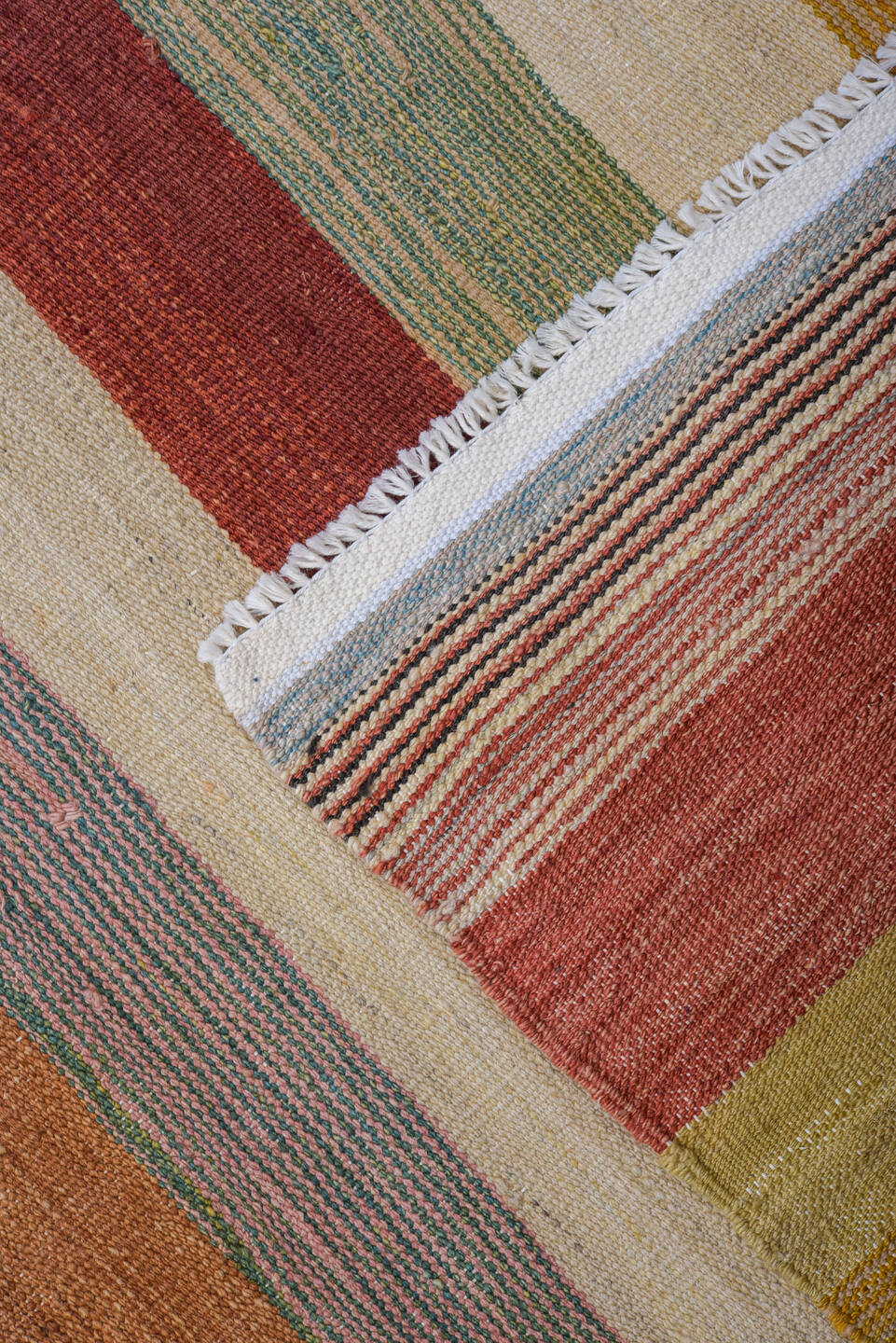 8' x 11' one-of-a-kind handmade vintage Kilim large size rug. Color palette: ivory, blush, terra cotta, gold, sage, taupe