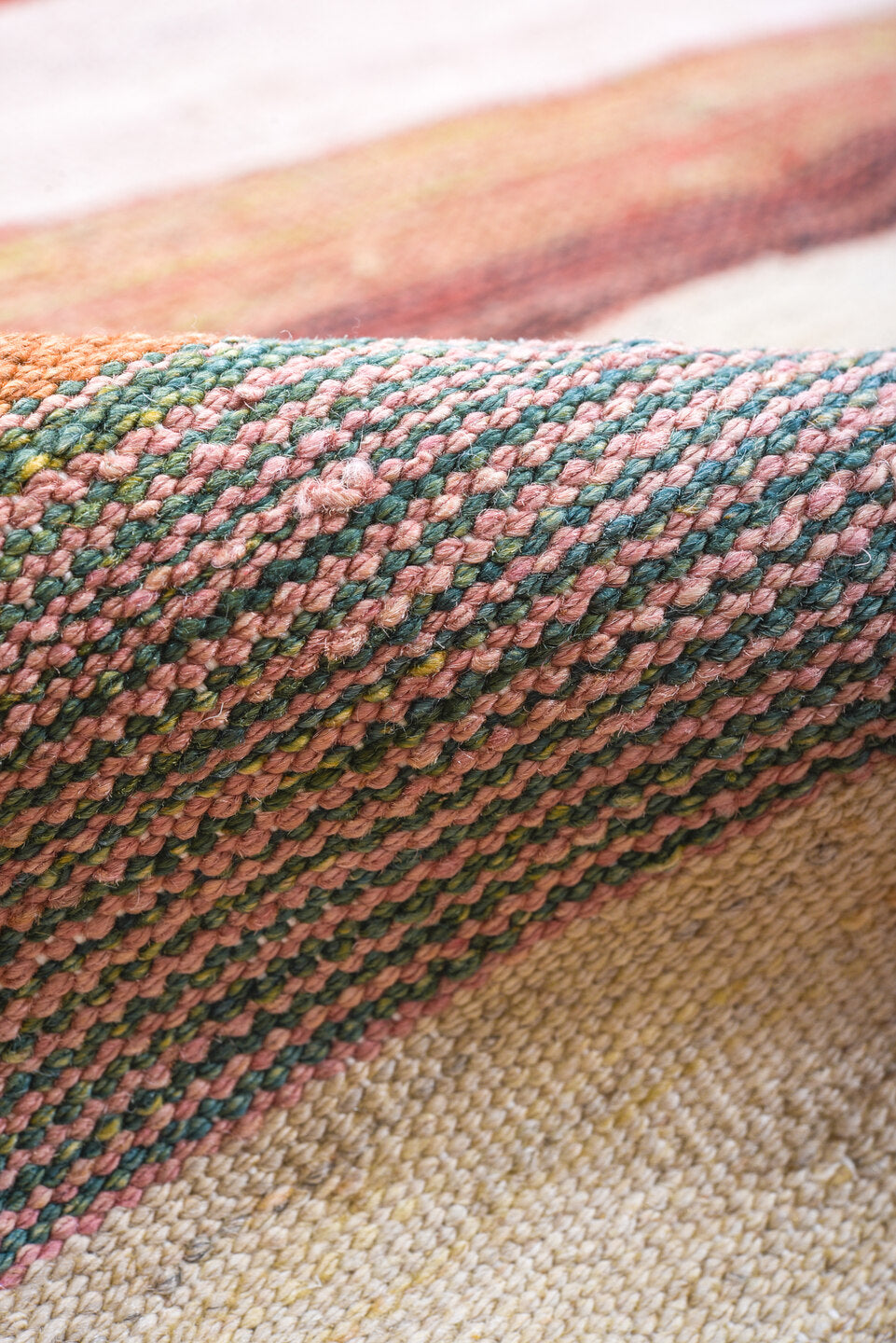 8' x 11' one-of-a-kind handmade vintage Kilim large size rug. Color palette: ivory, blush, terra cotta, gold, sage, taupe