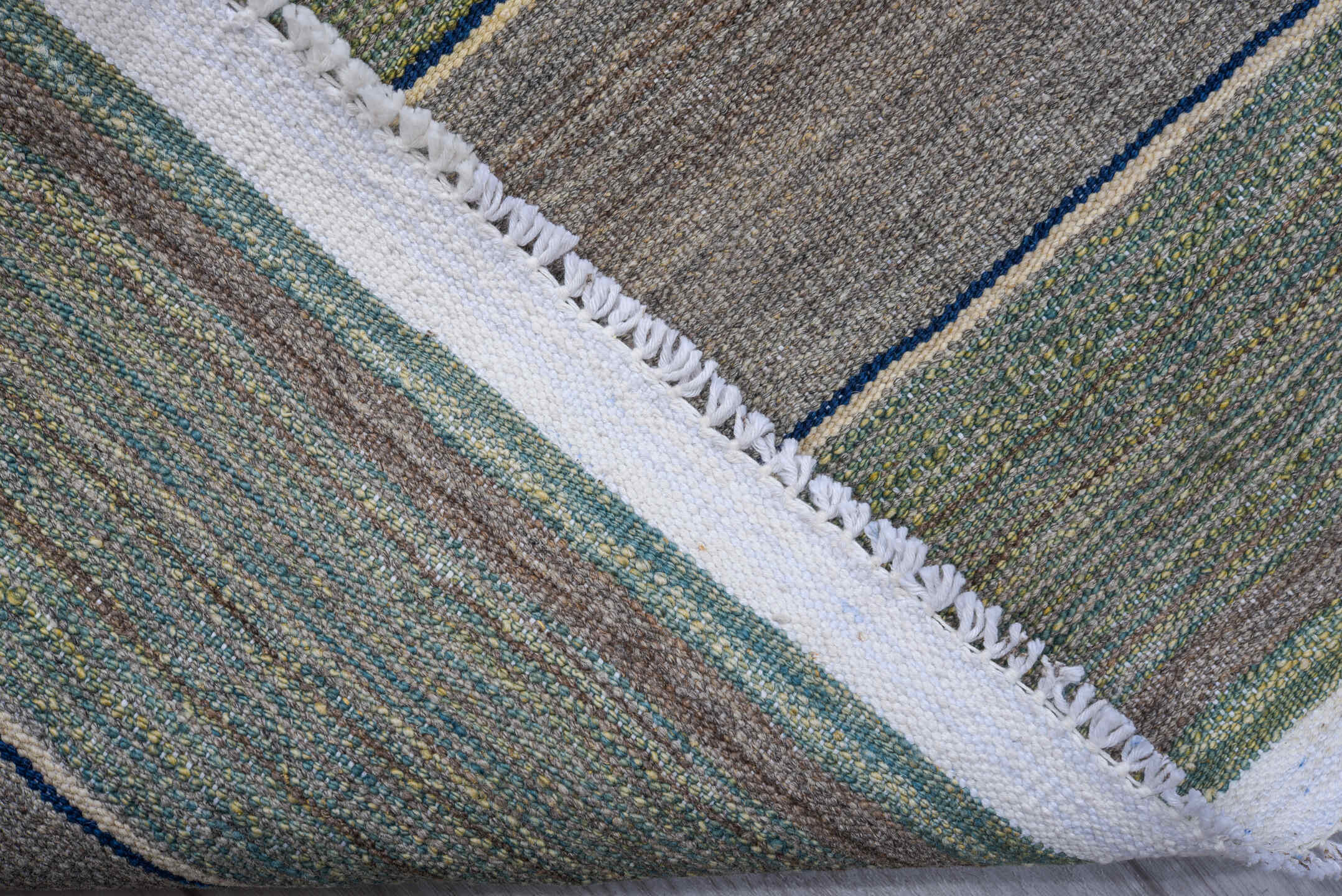 8' x 11' one-of-a-kind handmade vintage Kilim large size rug. Color palette: taupe, sage, slate, ivory, beige, gray, green