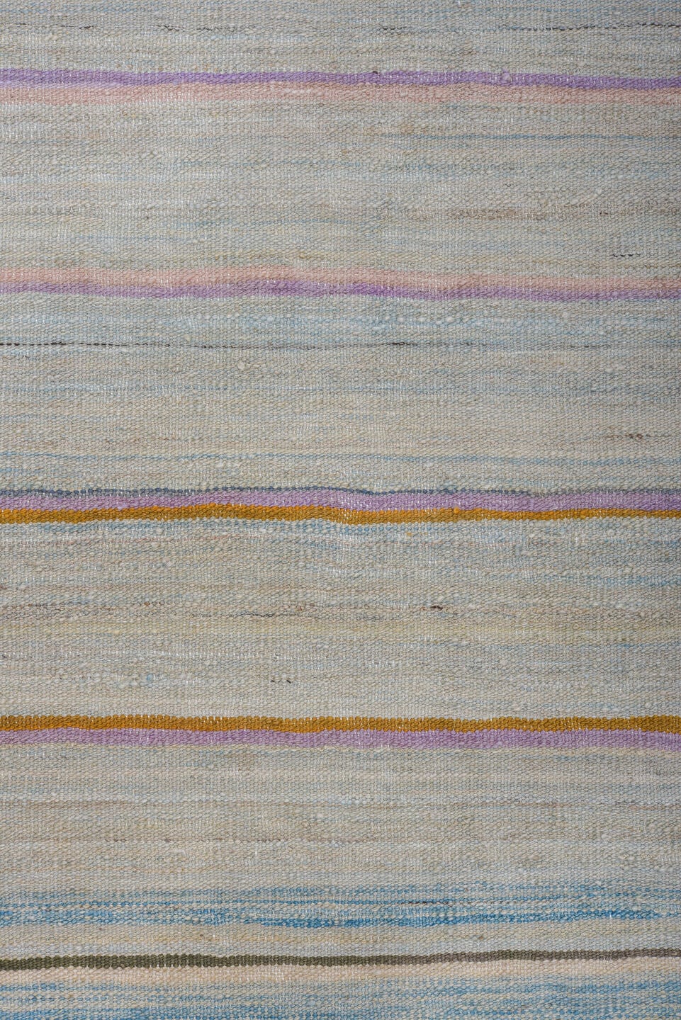 8' x 11' one-of-a-kind handmade vintage Kilim large size rug. Color palette: ivory, pale blue, sky blue, taupe, rust, rose