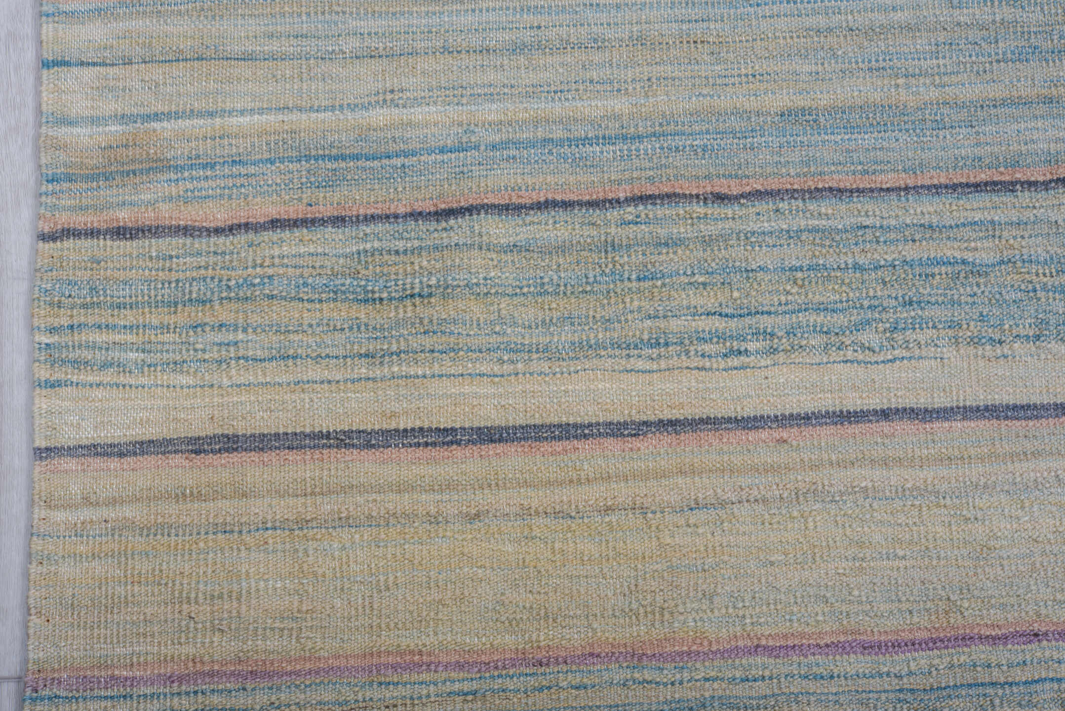 8' x 11' one-of-a-kind handmade vintage Kilim large size rug. Color palette: ivory, pale blue, sky blue, taupe, rust, rose