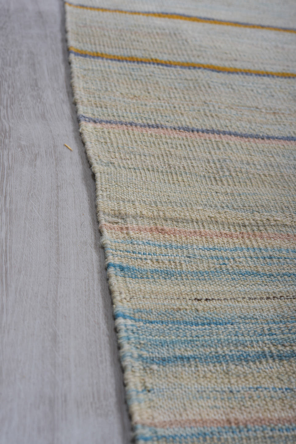 8' x 11' one-of-a-kind handmade vintage Kilim large size rug. Color palette: ivory, pale blue, sky blue, taupe, rust, rose