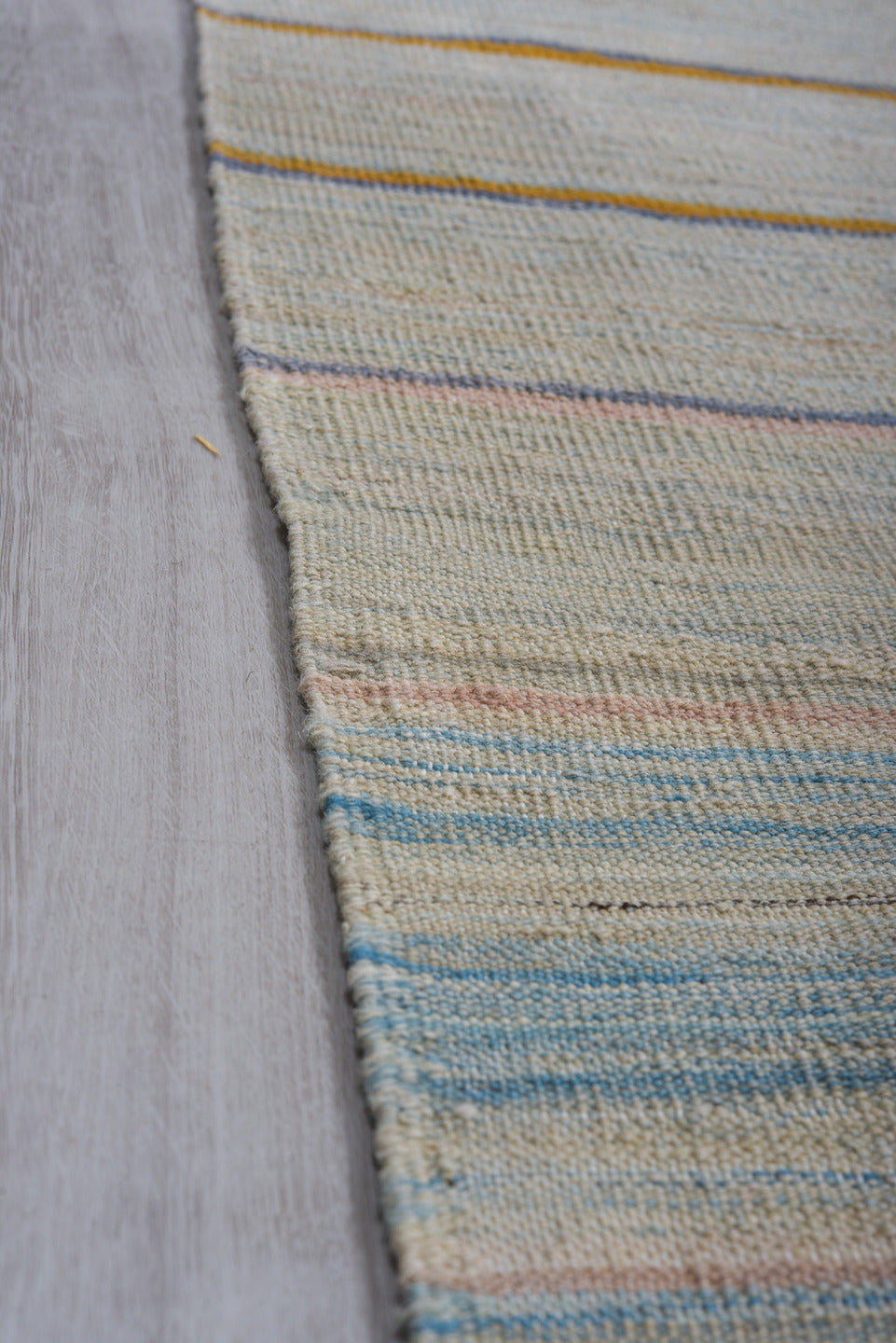 8' x 11' one-of-a-kind handmade vintage Kilim large size rug. Color palette: ivory, pale blue, sky blue, taupe, rust, rose