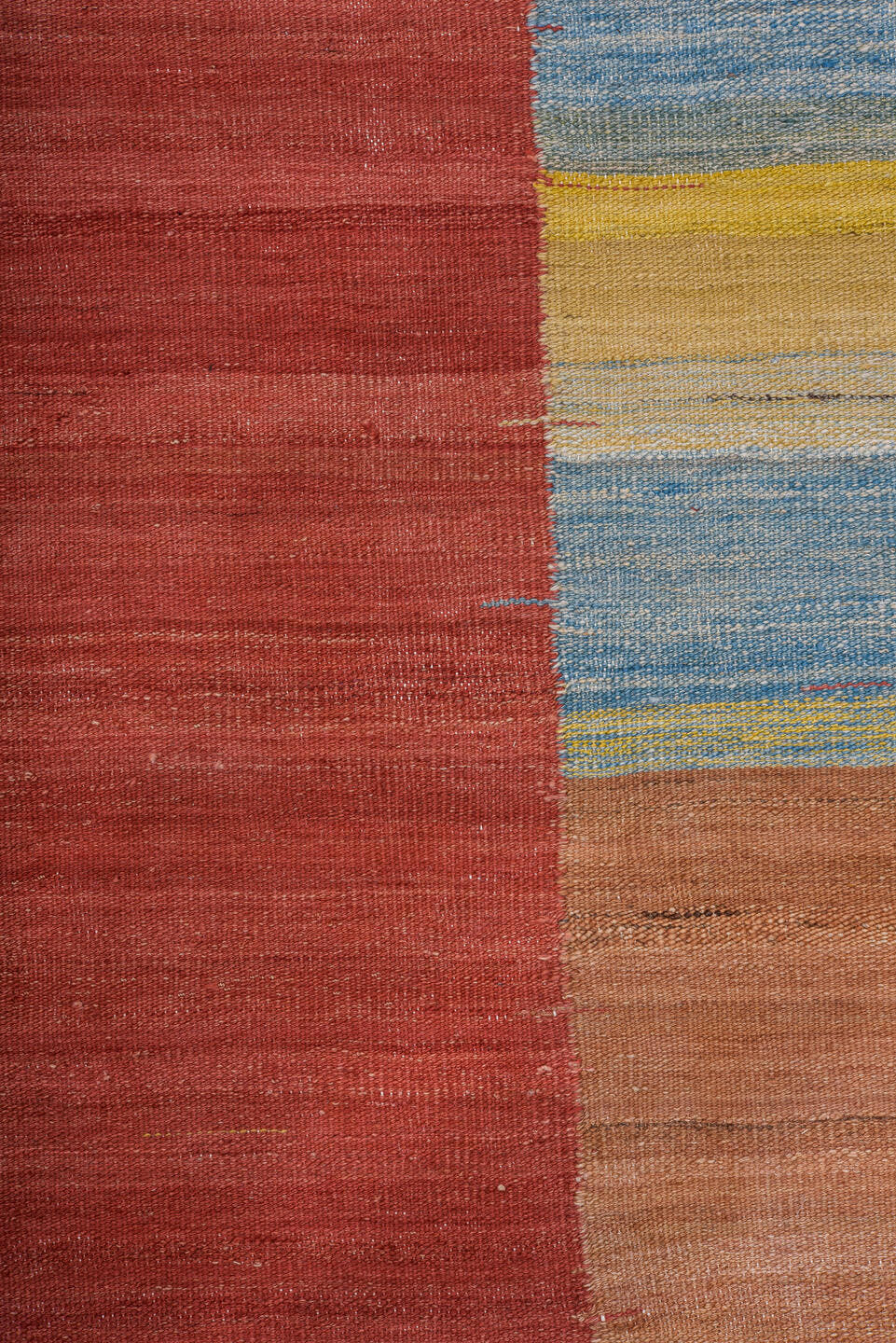 8' x 12' one-of-a-kind handmade vintage Kilim large size rug. Color palette: terra cotta, sage, sky blue, lavender, camel