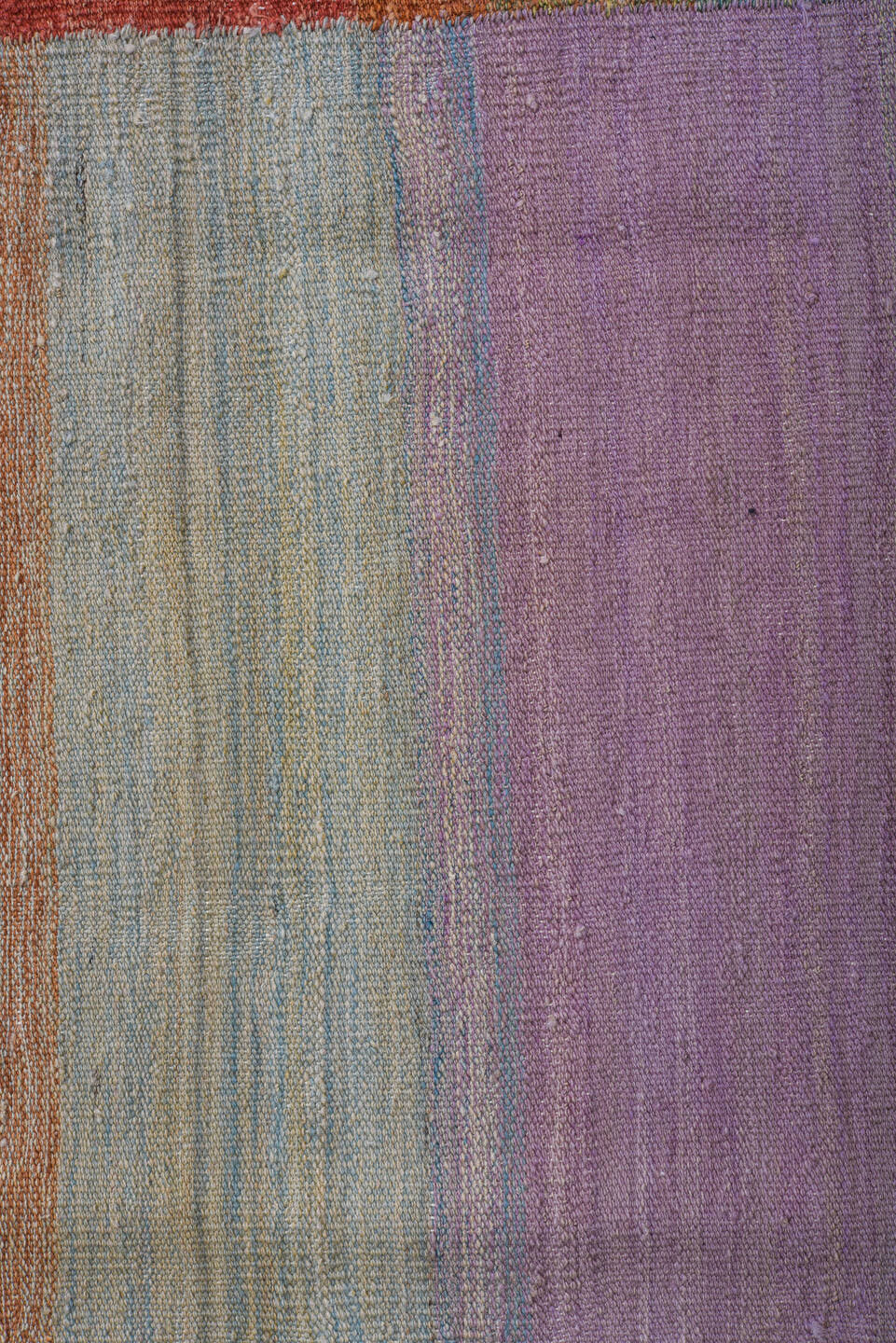 8' x 12' one-of-a-kind handmade vintage Kilim large size rug. Color palette: terra cotta, sage, sky blue, lavender, camel