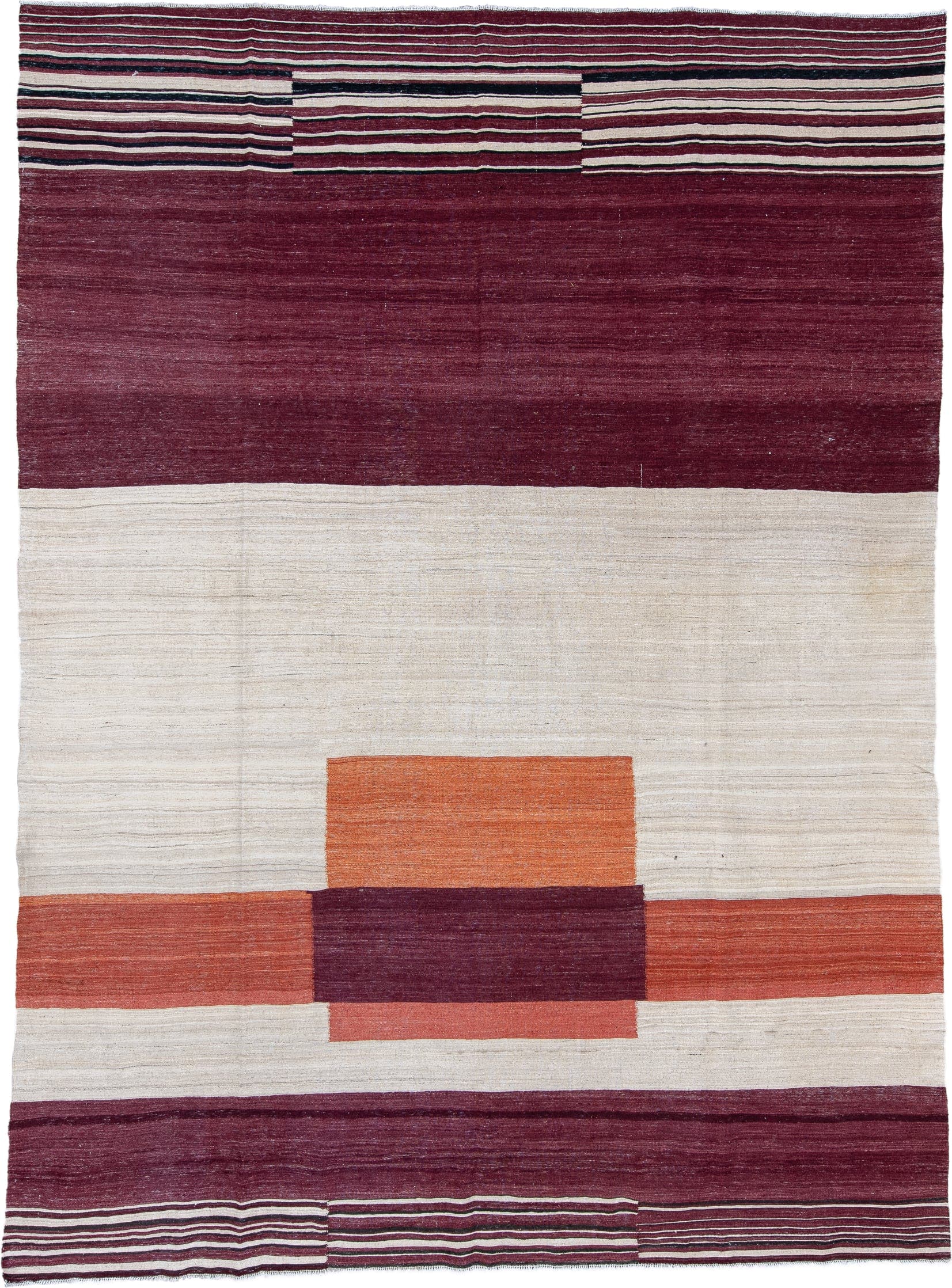 8' x 12' one-of-a-kind handmade vintage Kilim large size rug. Color palette: ivory, burgundy, plum, rust, charcoal, pink