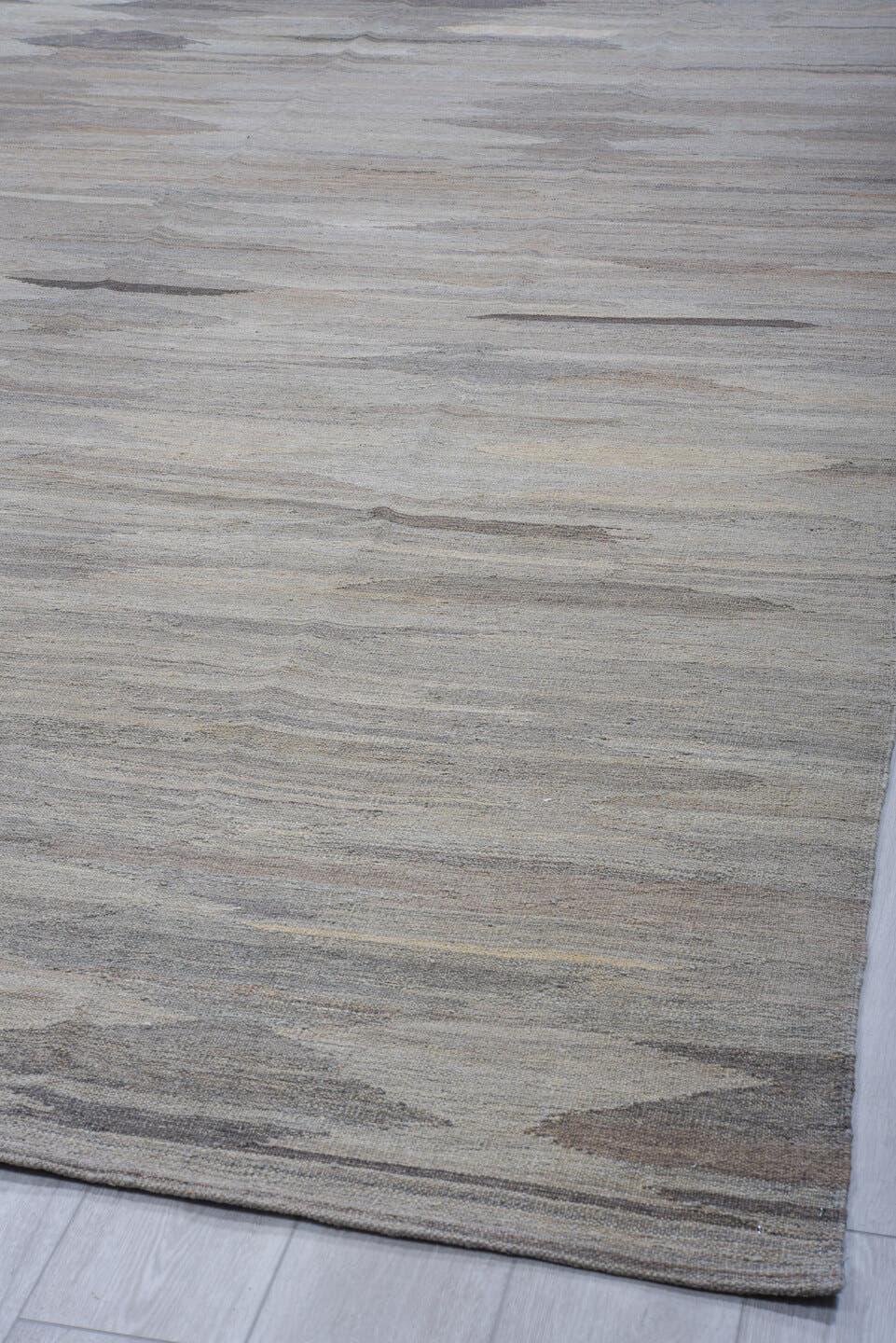 8' x 12' one-of-a-kind handmade vintage Kilim large size rug. Color palette: gray, ivory, taupe, charcoal, greige, beige