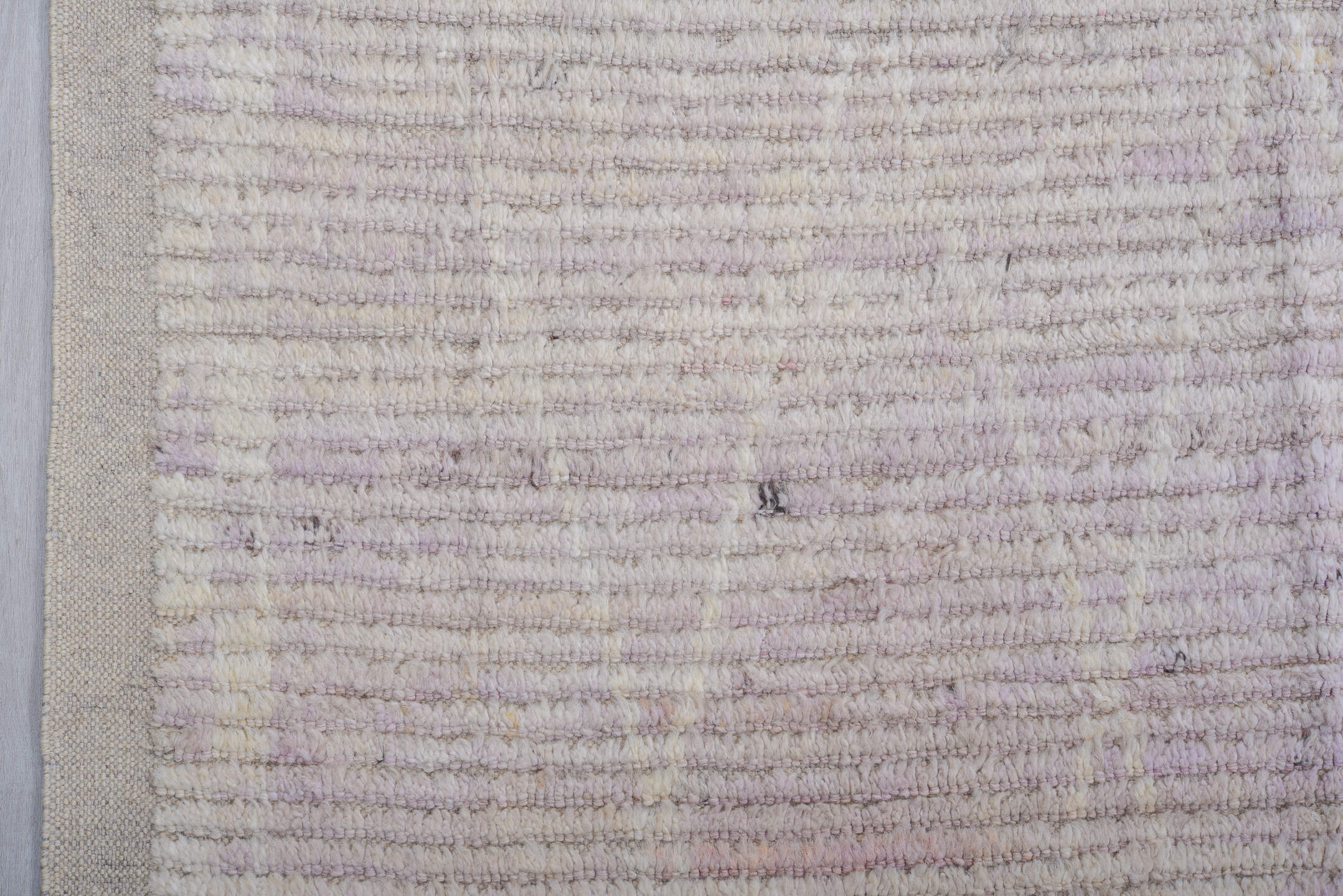 8' x 13' one-of-a-kind handmade vintage Tulu large size rug. Color palette: ivory, lavender, cream, taupe, charcoal