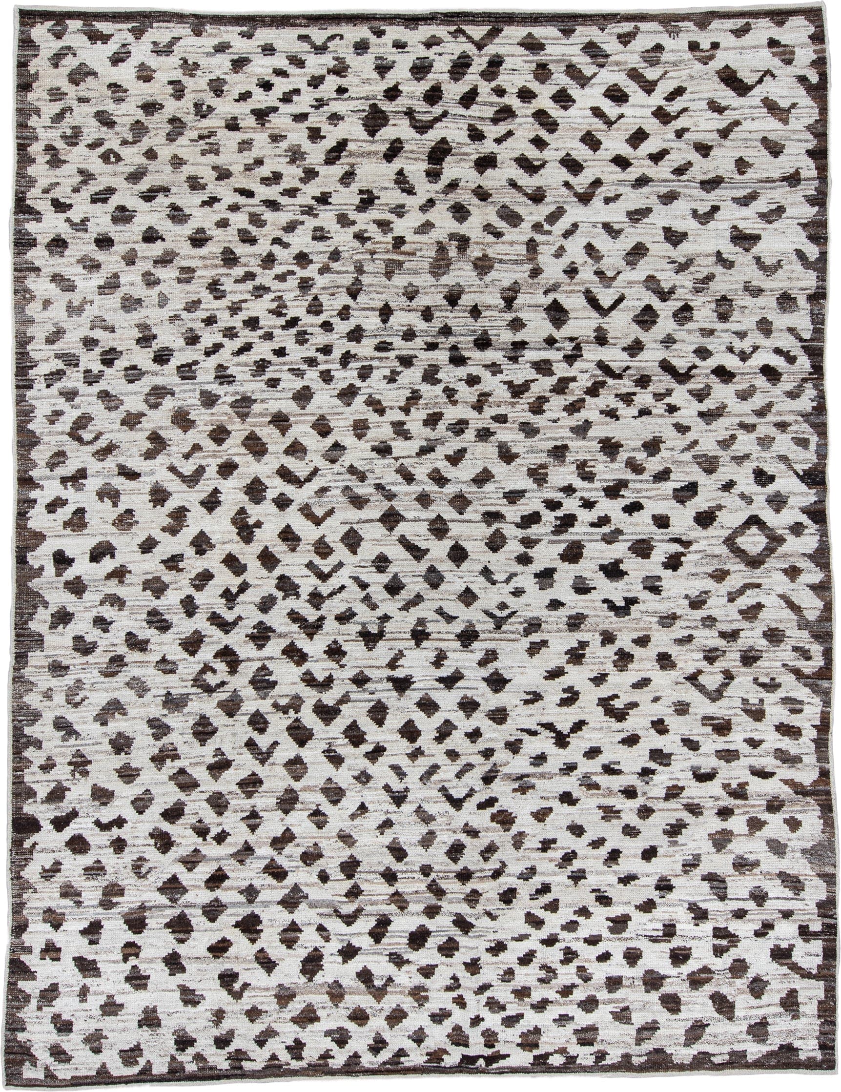 10' x 14' one-of-a-kind handmade vintage Tulu large size rug. Color palette: ivory, brown, taupe, charcoal, beige, gray