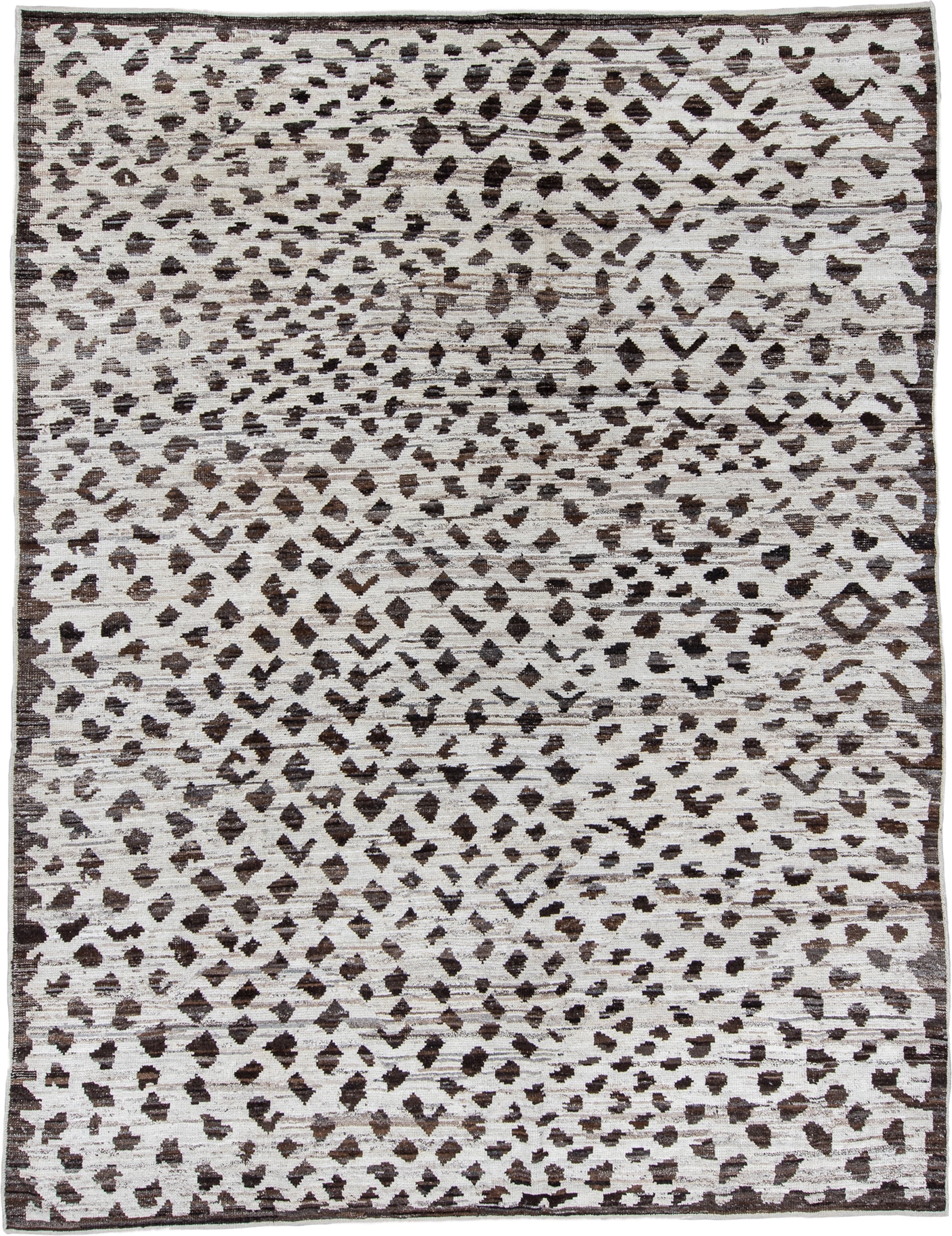 10' x 14' one-of-a-kind handmade vintage Tulu large size rug. Color palette: ivory, brown, taupe, charcoal, beige, gray