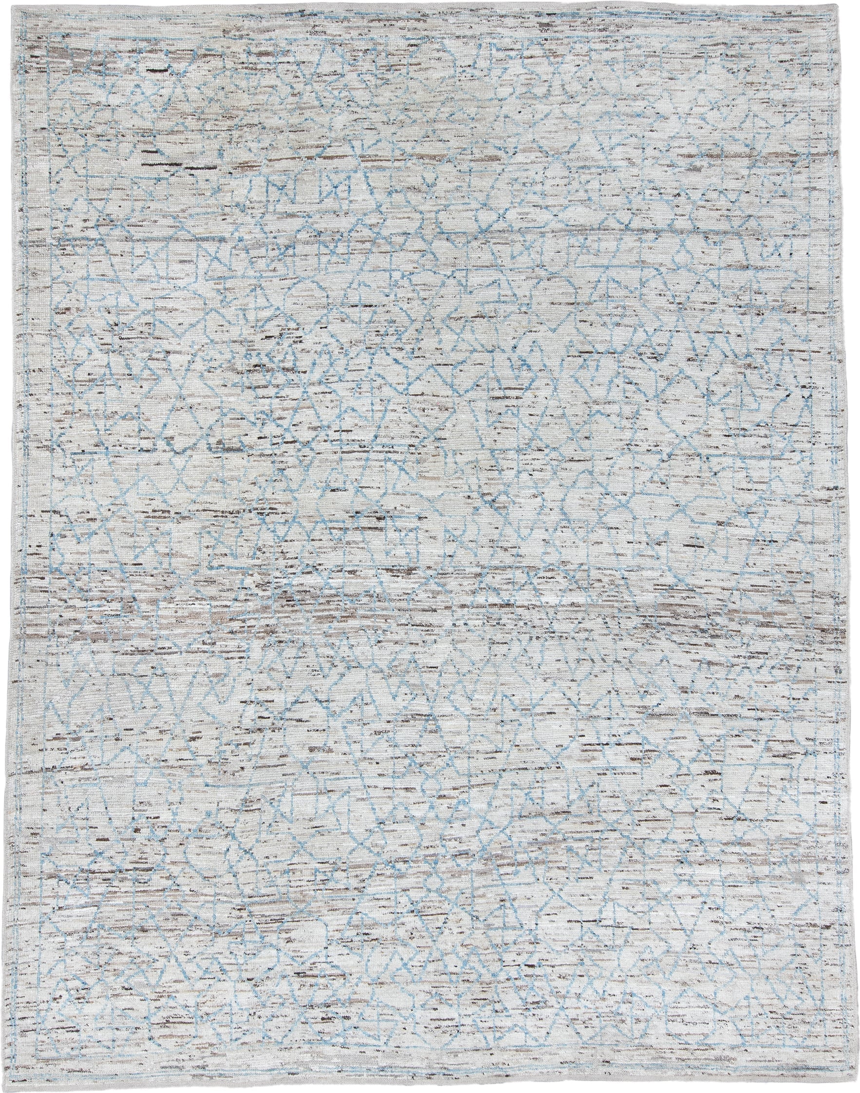 9' x 12' one-of-a-kind handmade vintage Tulu large size rug. Color palette: ivory, pale blue, taupe, gray, light blue, beige