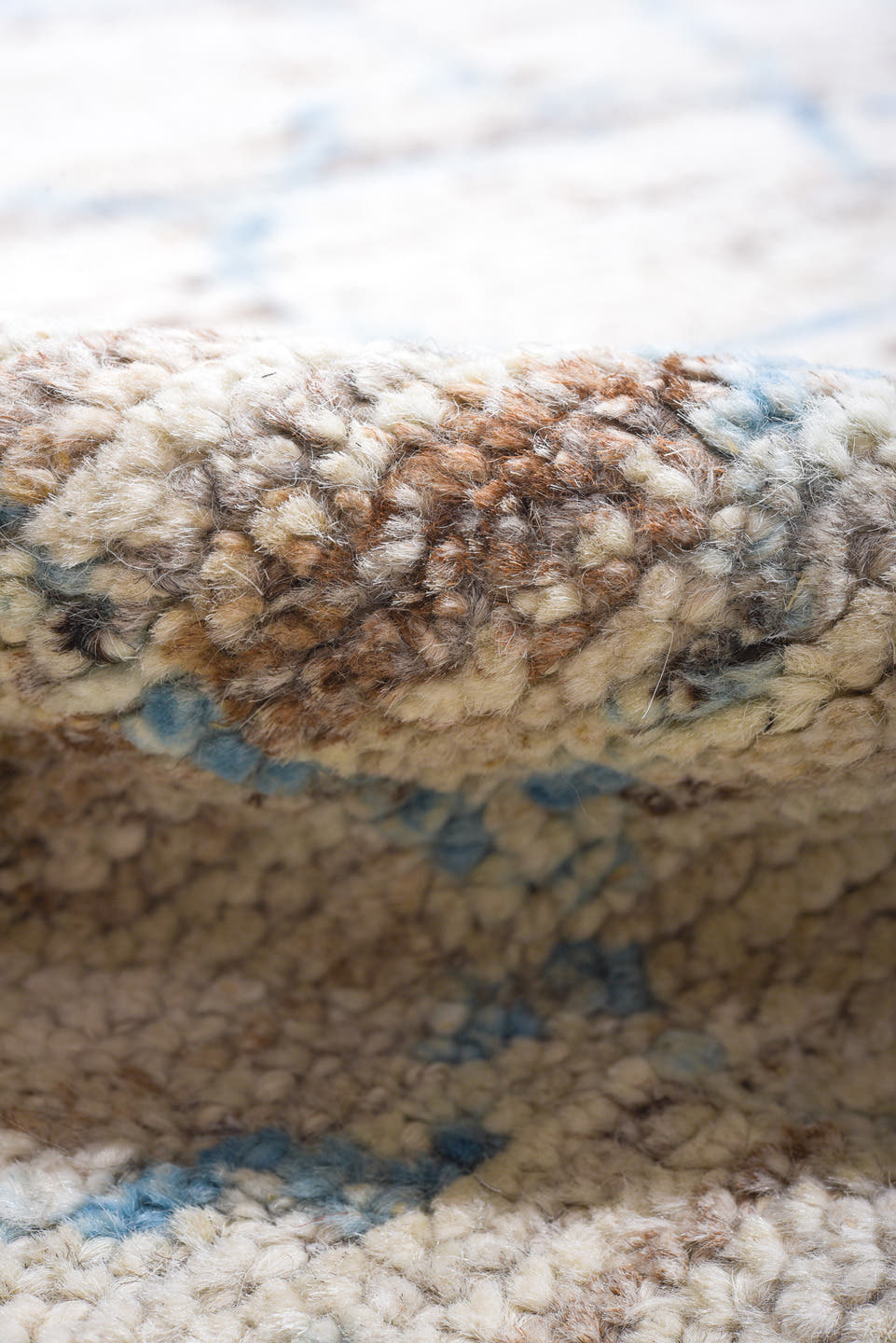 9' x 12' one-of-a-kind handmade vintage Tulu large size rug. Color palette: ivory, pale blue, taupe, gray, light blue, beige
