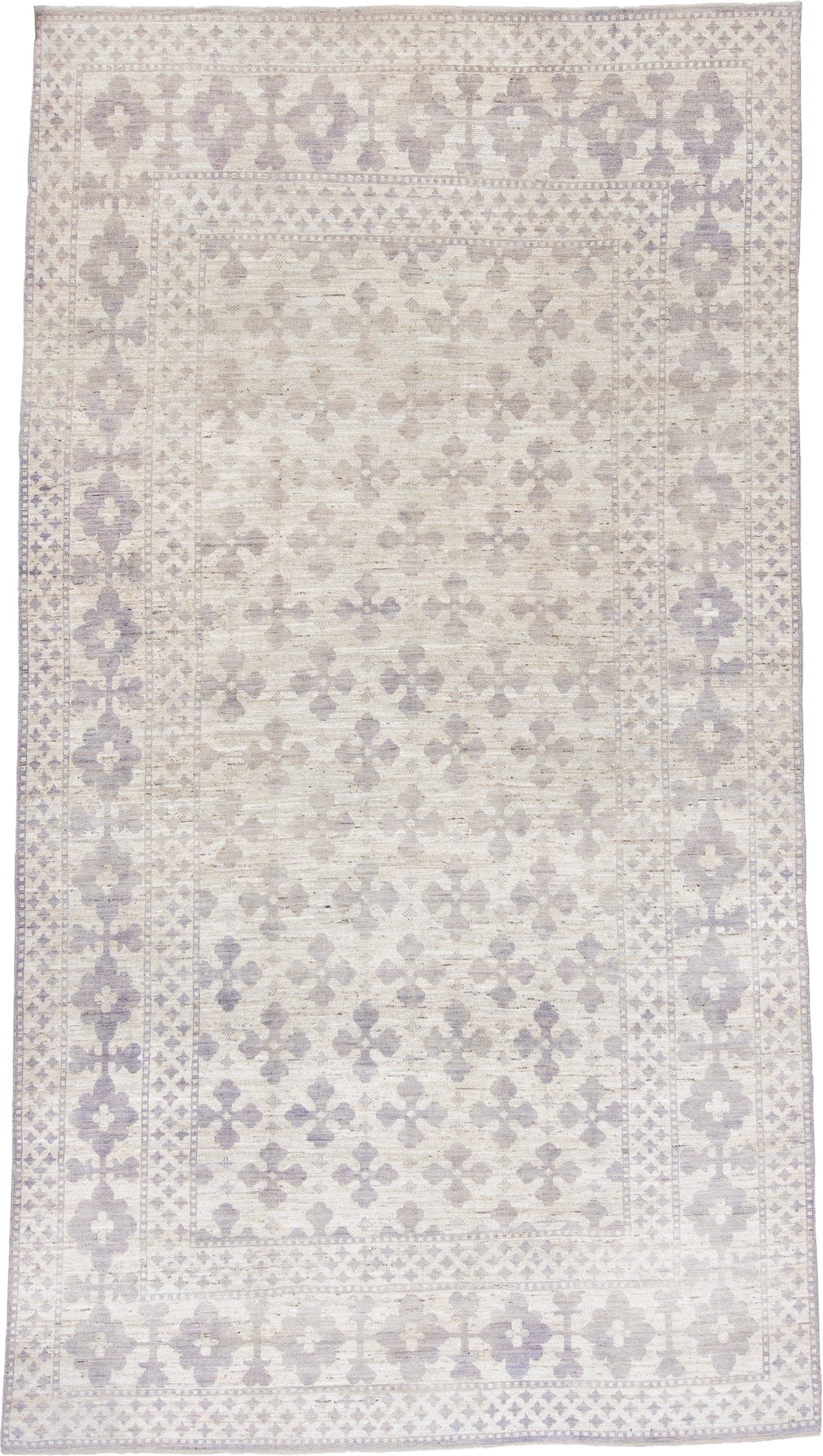 9' x 12' one-of-a-kind handmade vintage Tulu large size rug. Color palette: ivory, lavender, taupe, cream, pale gray