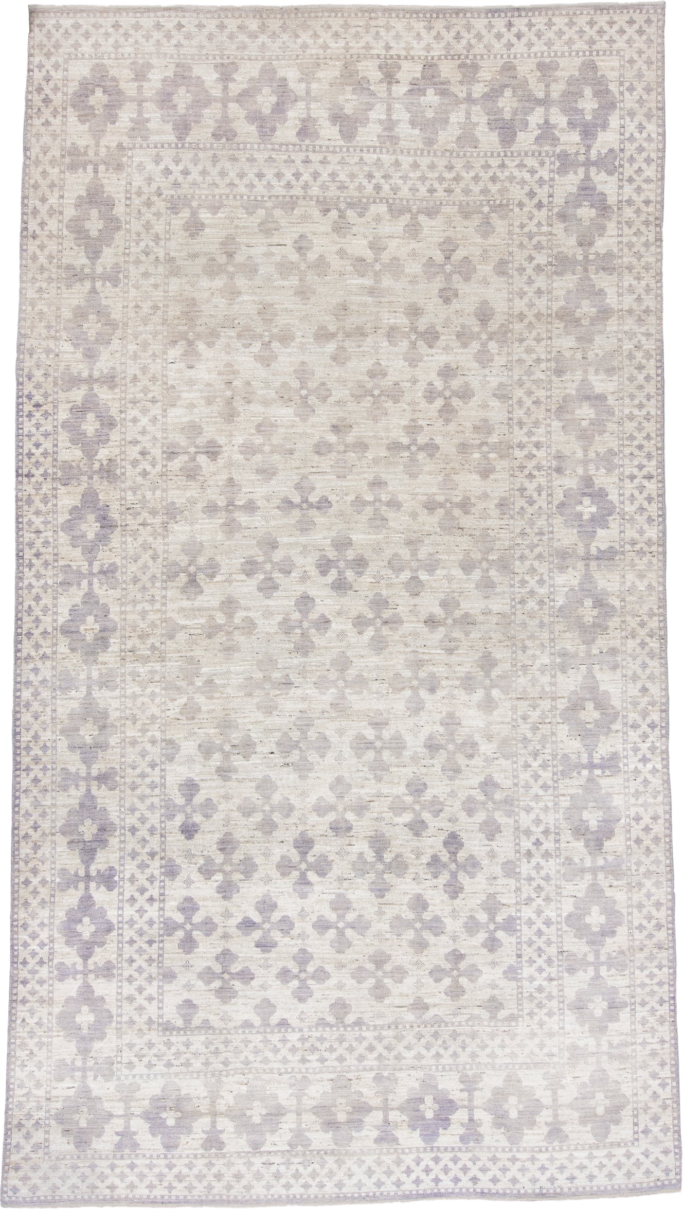 9' x 12' one-of-a-kind handmade vintage Tulu large size rug. Color palette: ivory, lavender, taupe, cream, pale gray