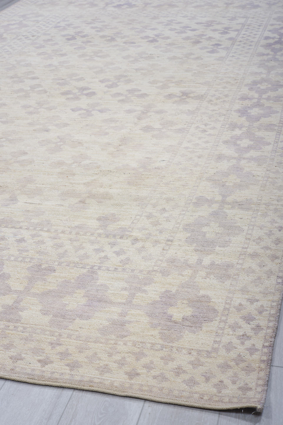 9' x 12' one-of-a-kind handmade vintage Tulu large size rug. Color palette: ivory, lavender, taupe, cream, pale gray