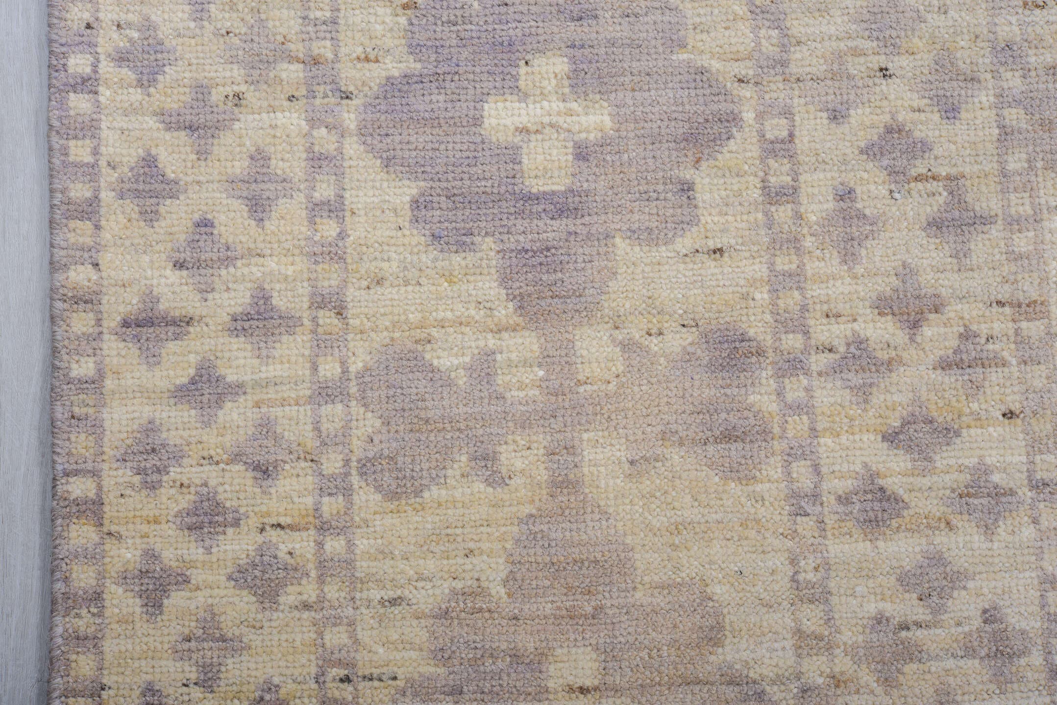 9' x 12' one-of-a-kind handmade vintage Tulu large size rug. Color palette: ivory, lavender, taupe, cream, pale gray