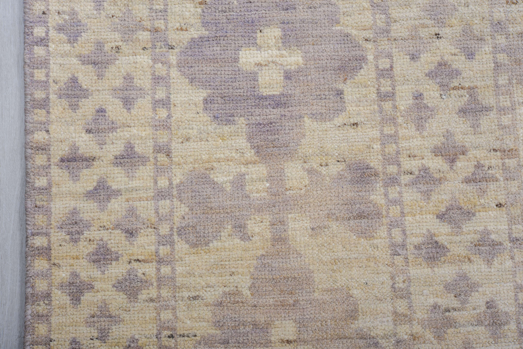 9' x 12' one-of-a-kind handmade vintage Tulu large size rug. Color palette: ivory, lavender, taupe, cream, pale gray