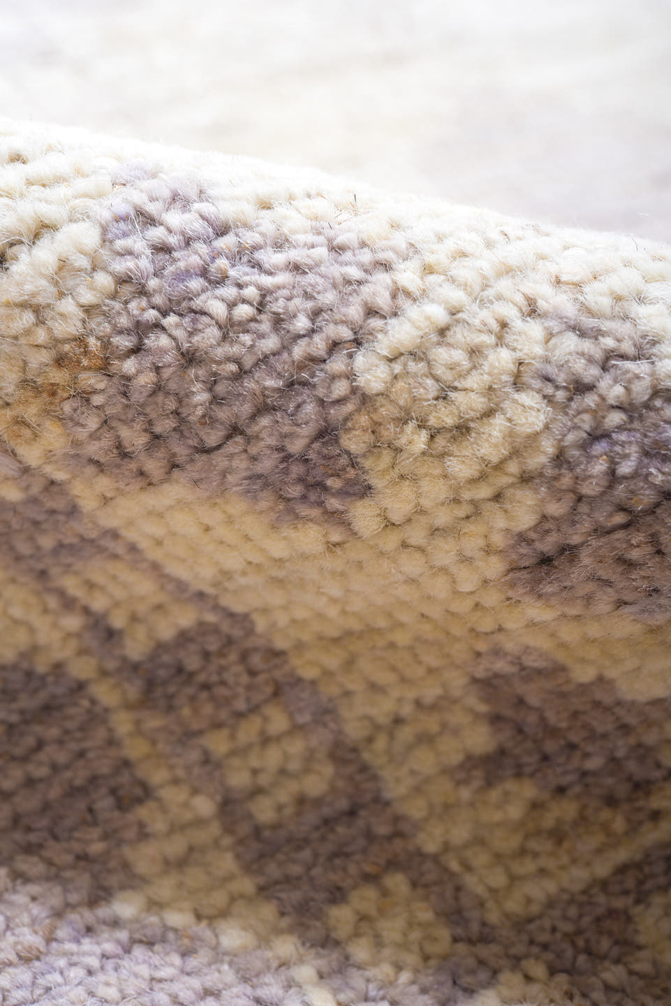 9' x 12' one-of-a-kind handmade vintage Tulu large size rug. Color palette: ivory, lavender, taupe, cream, pale gray