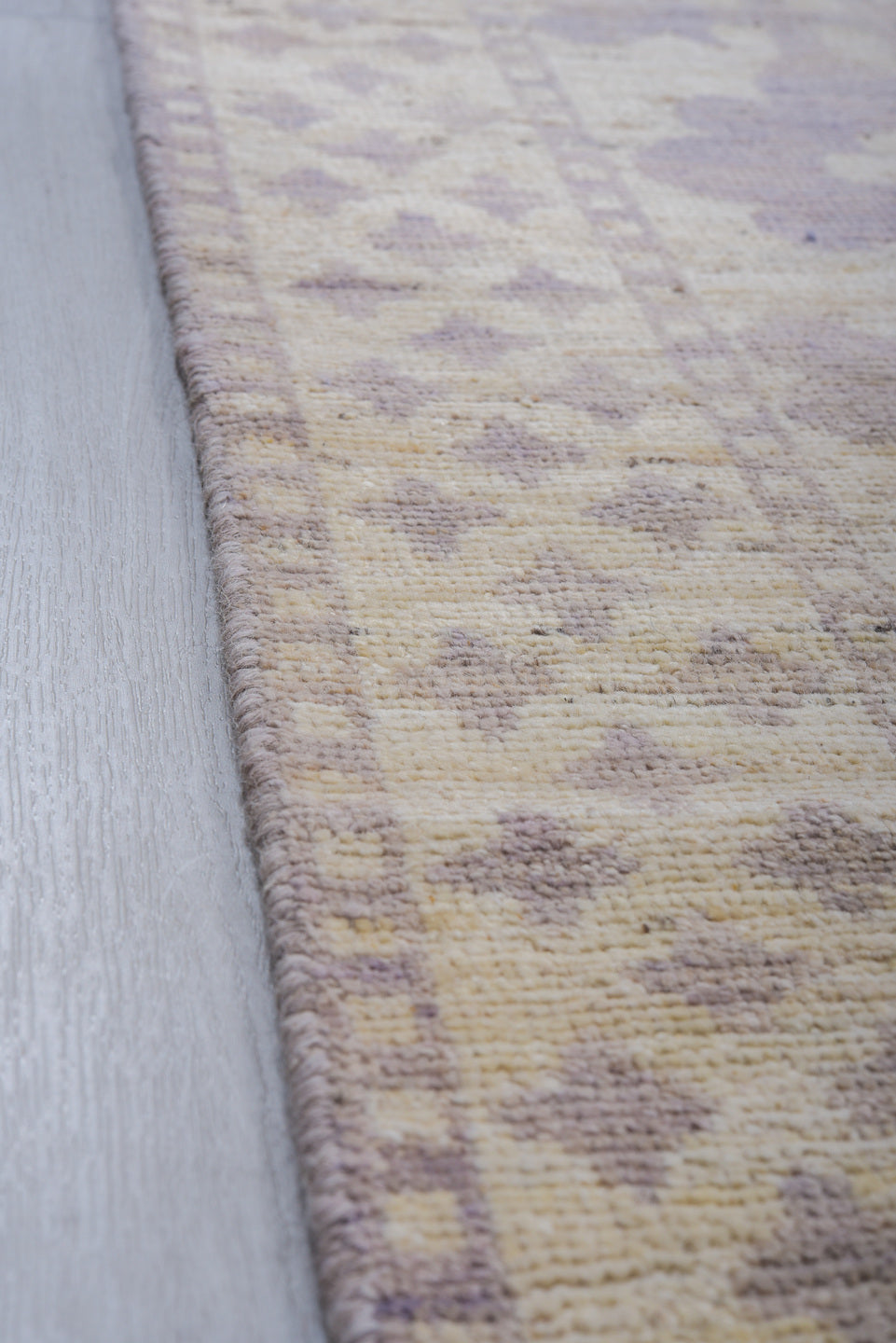 9' x 12' one-of-a-kind handmade vintage Tulu large size rug. Color palette: ivory, lavender, taupe, cream, pale gray