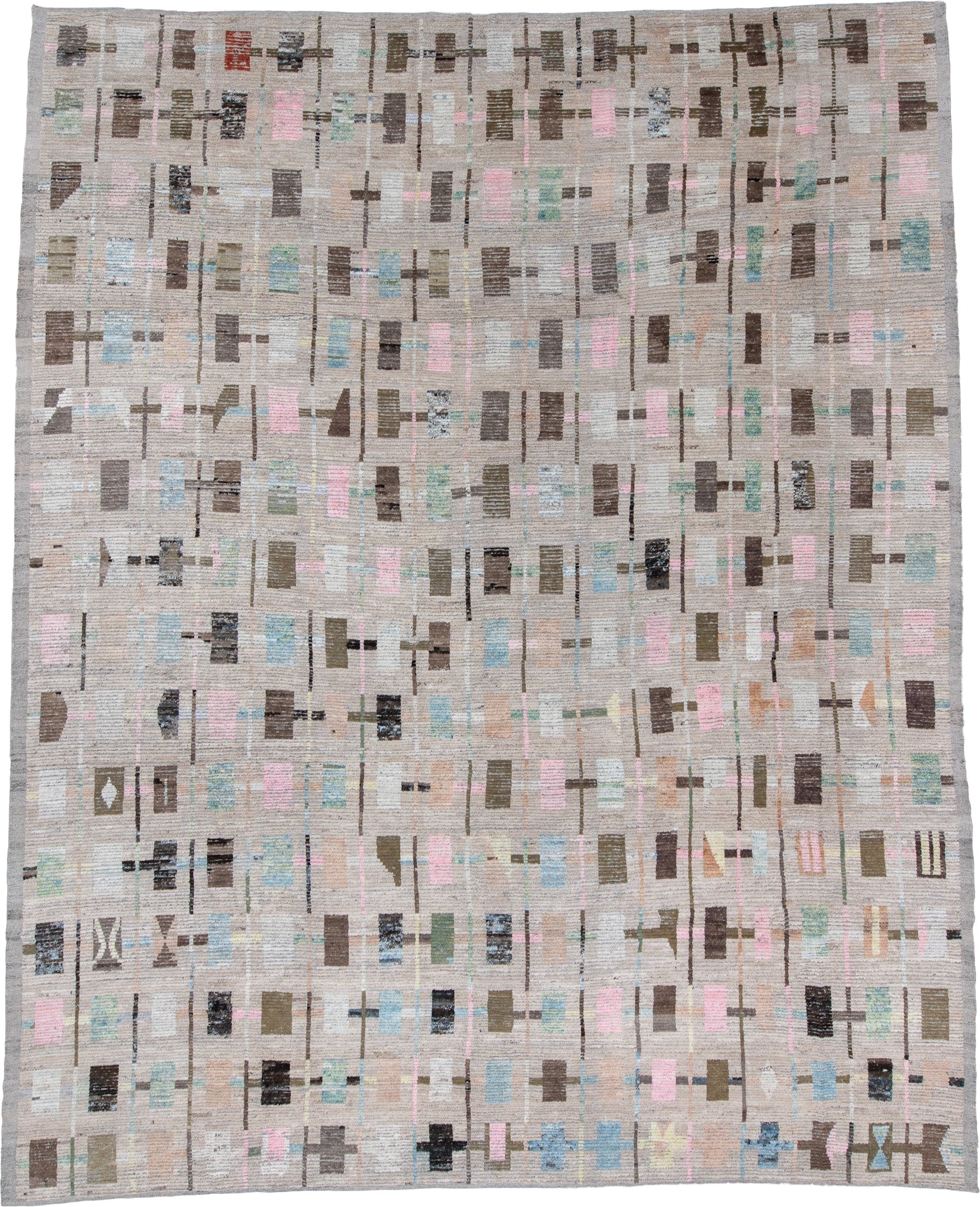 8' x 14' one-of-a-kind handmade vintage Tulu large size rug. Color palette: taupe, brown, ivory, pink, sky blue, sage
