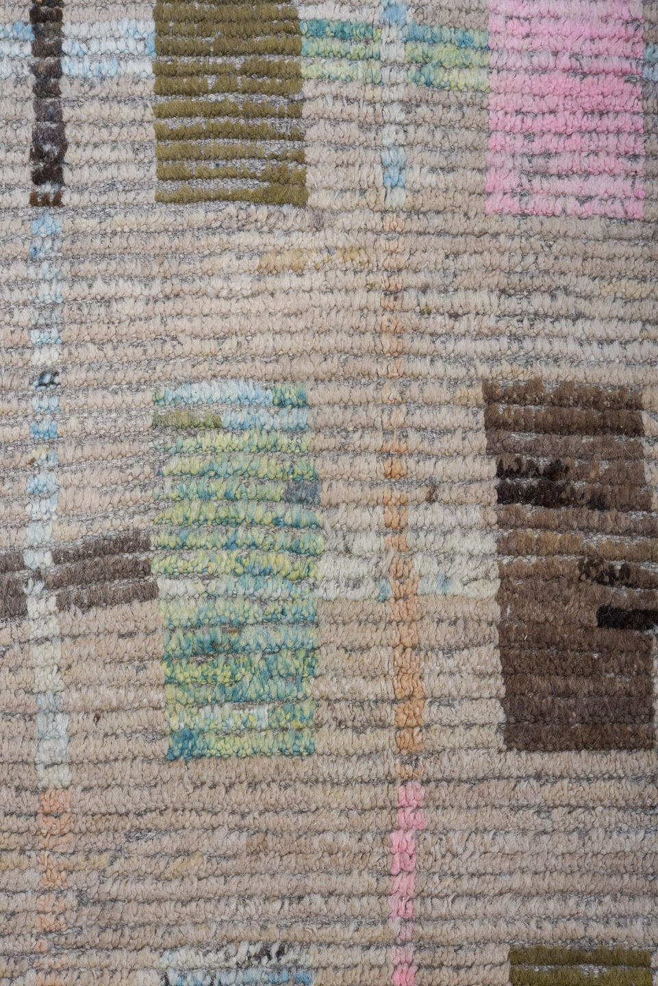 8' x 14' one-of-a-kind handmade vintage Tulu large size rug. Color palette: taupe, brown, ivory, pink, sky blue, sage
