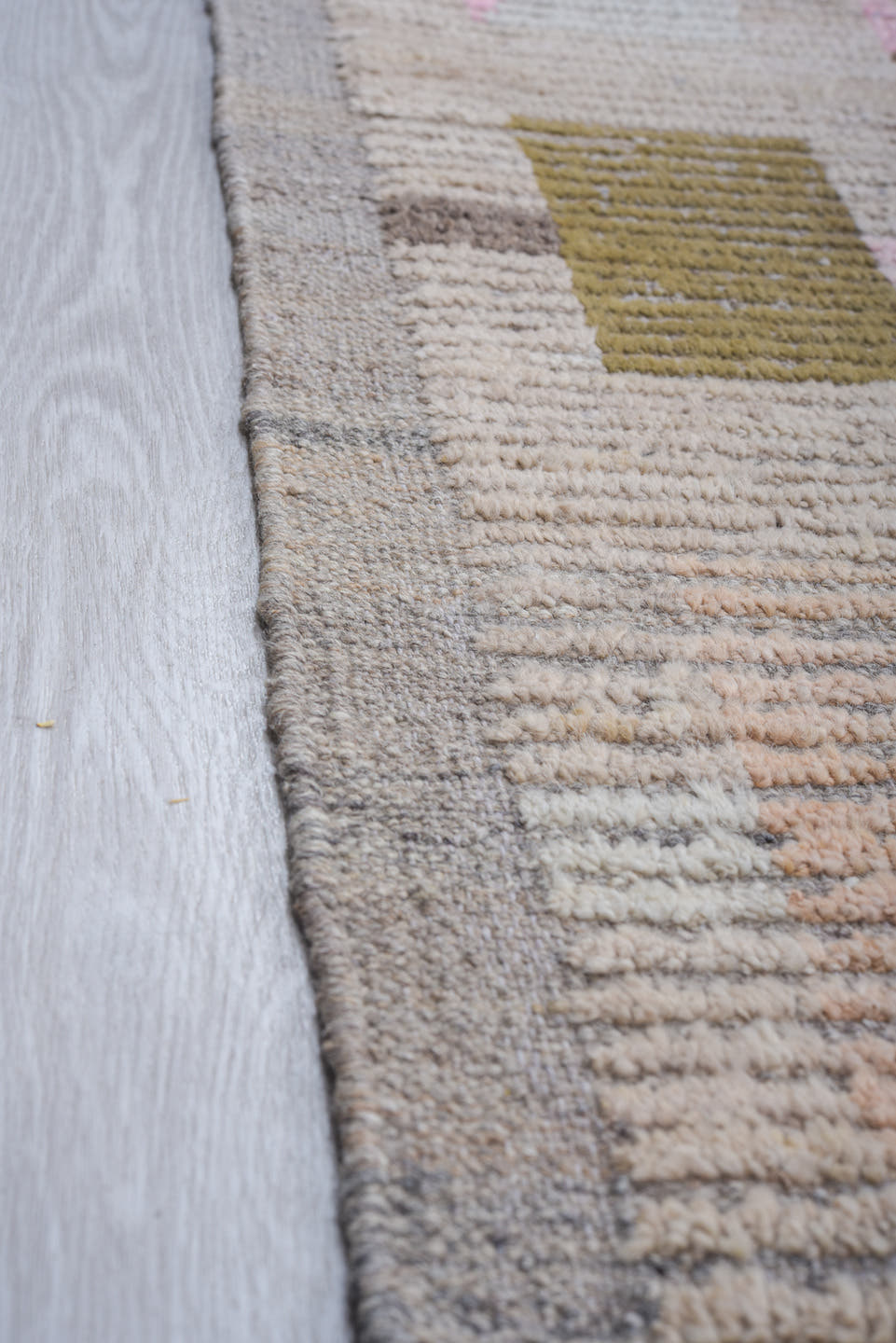 8' x 14' one-of-a-kind handmade vintage Tulu large size rug. Color palette: taupe, brown, ivory, pink, sky blue, sage