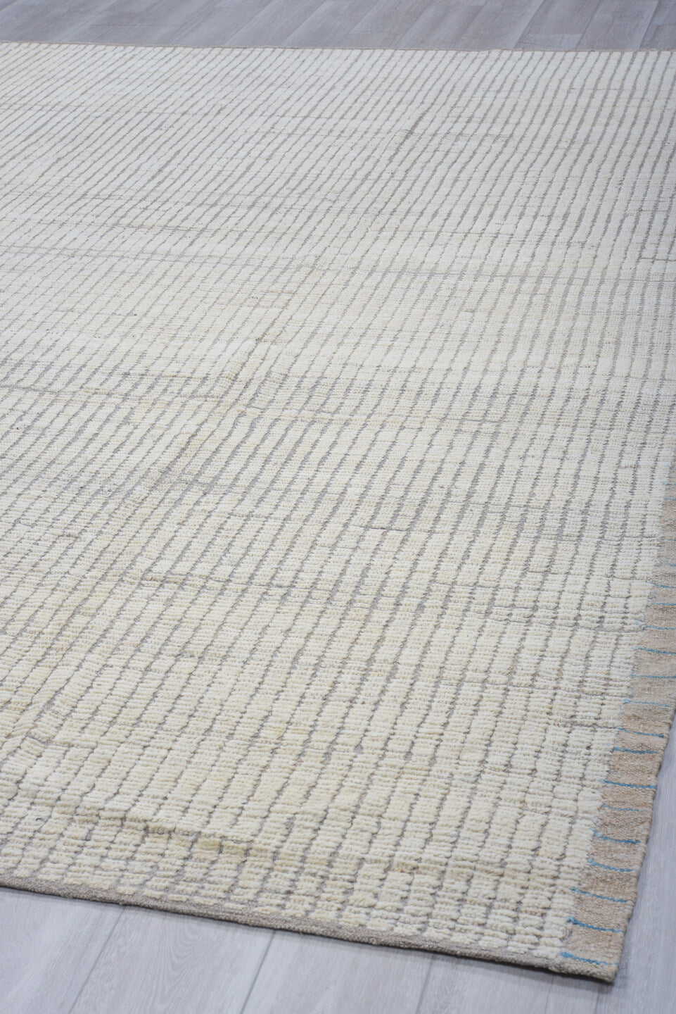 12' x 15' one-of-a-kind handmade vintage Tulu oversize rug. Color palette: ivory, light gray, taupe, beige, gray