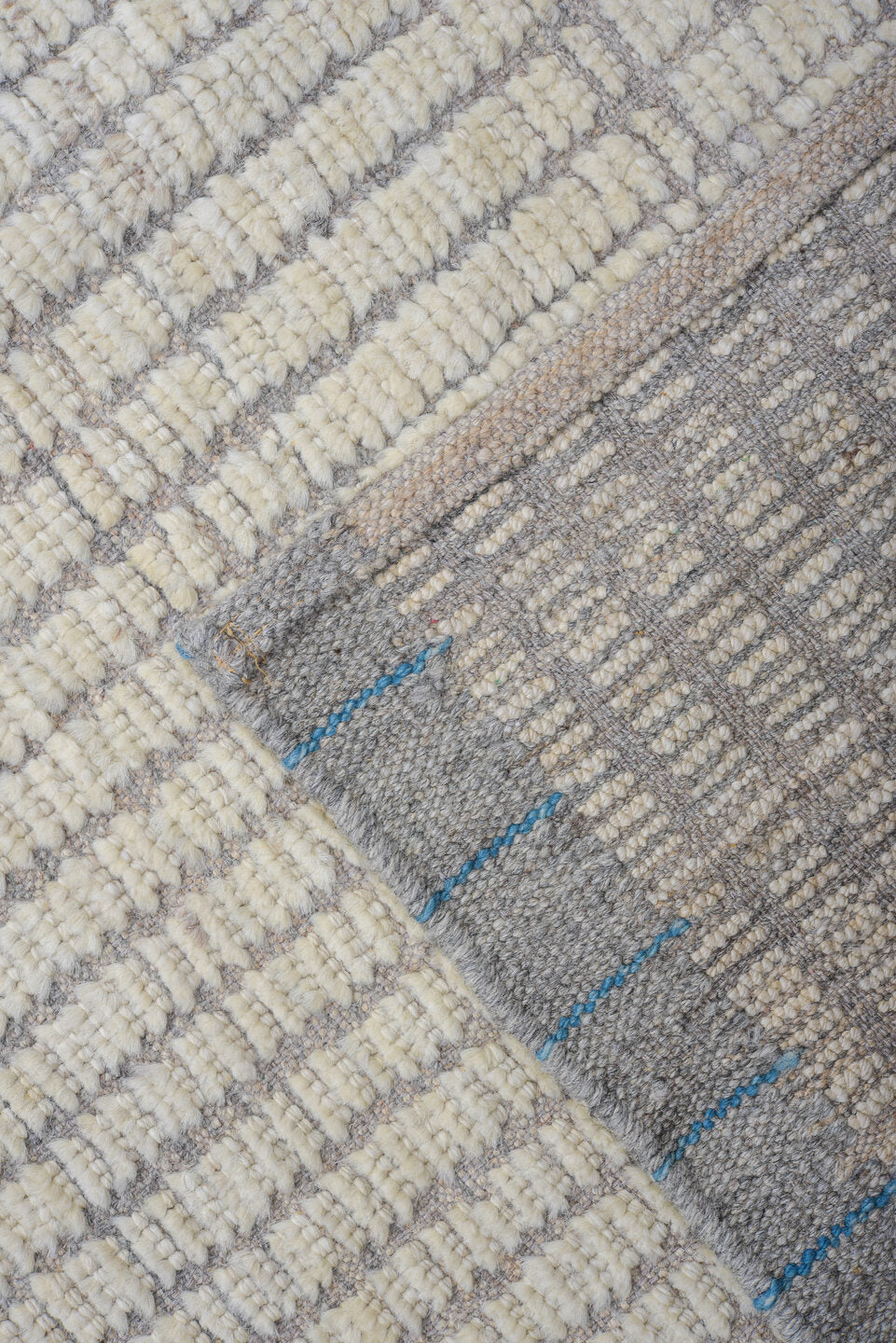 12' x 15' one-of-a-kind handmade vintage Tulu oversize rug. Color palette: ivory, light gray, taupe, beige, gray