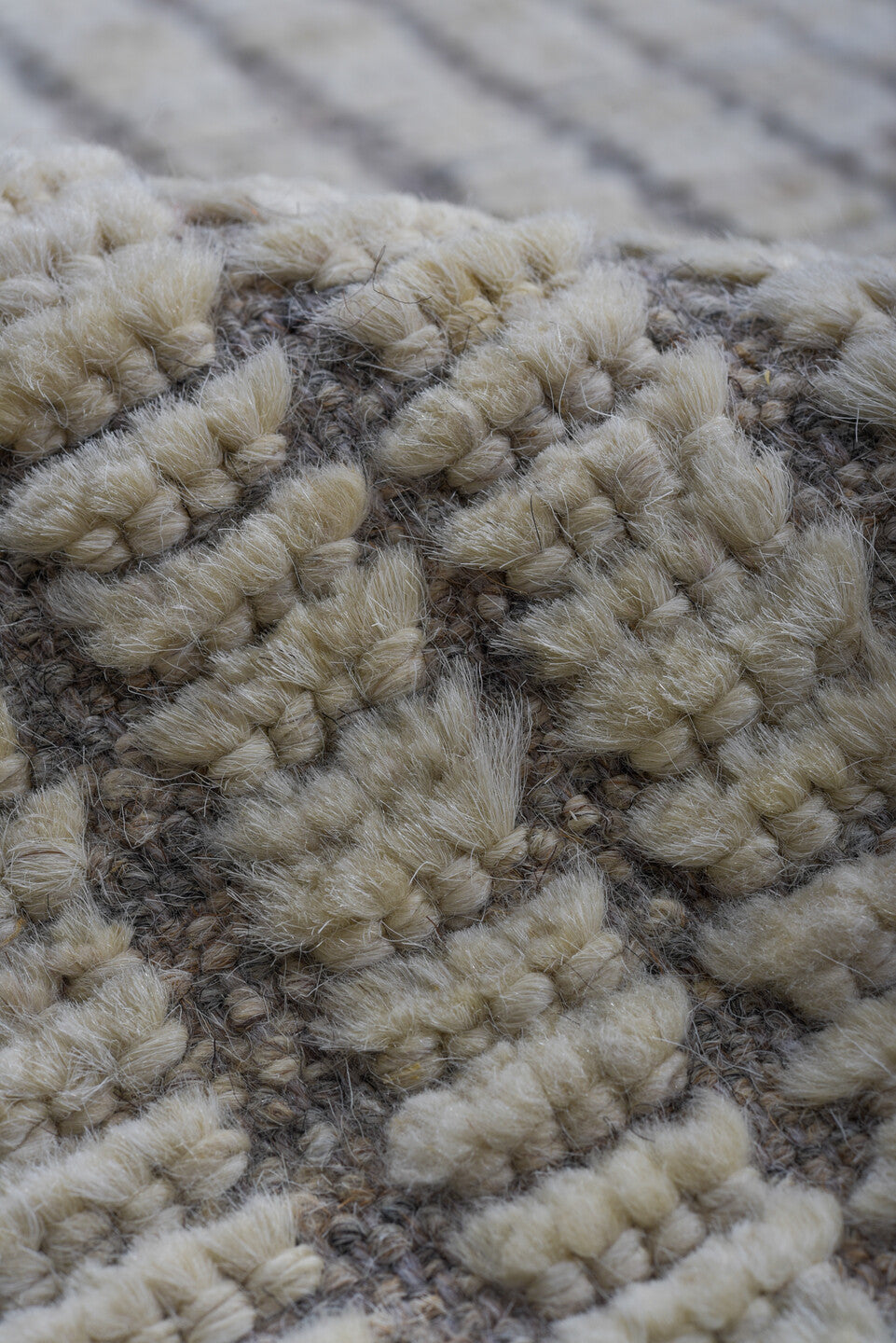 12' x 15' one-of-a-kind handmade vintage Tulu oversize rug. Color palette: ivory, light gray, taupe, beige, gray