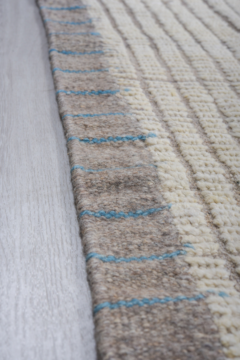 12' x 15' one-of-a-kind handmade vintage Tulu oversize rug. Color palette: ivory, light gray, taupe, beige, gray