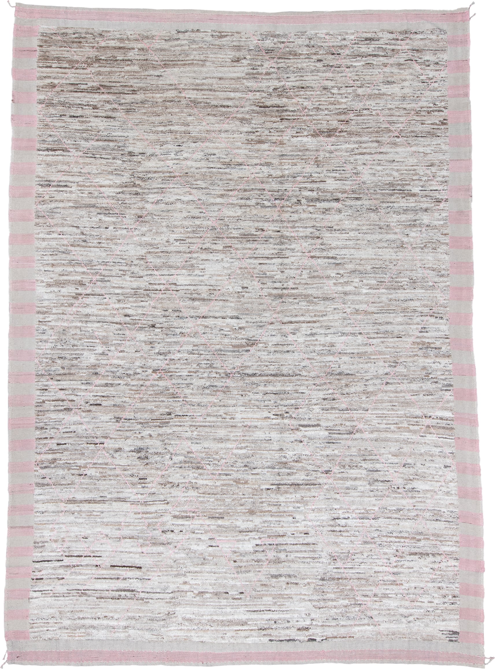 9' x 11' one-of-a-kind handmade vintage Tulu large size rug. Color palette: ivory, taupe, blush, gray, beige, pink
