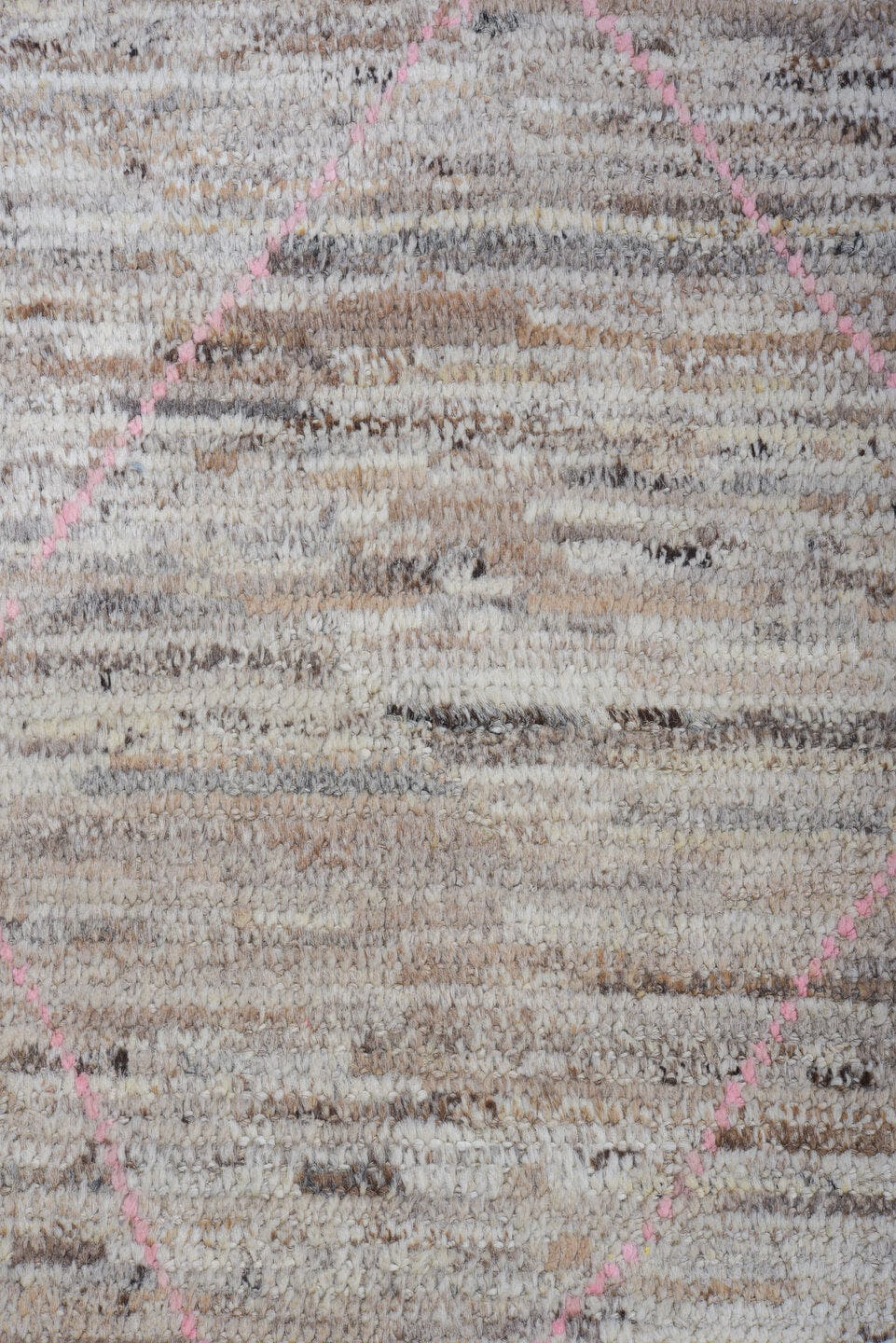 9' x 11' one-of-a-kind handmade vintage Tulu large size rug. Color palette: ivory, taupe, blush, gray, beige, pink