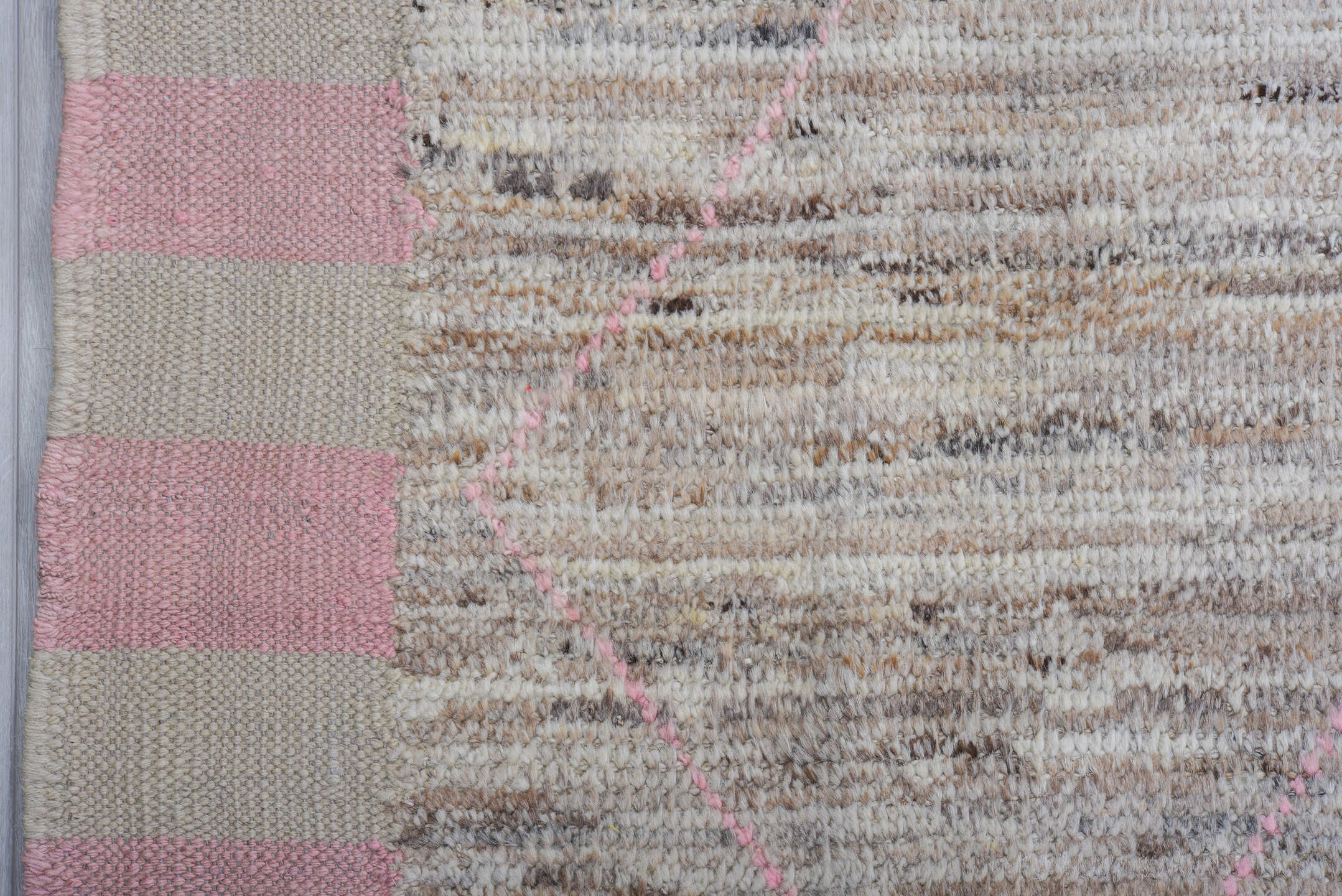 9' x 11' one-of-a-kind handmade vintage Tulu large size rug. Color palette: ivory, taupe, blush, gray, beige, pink