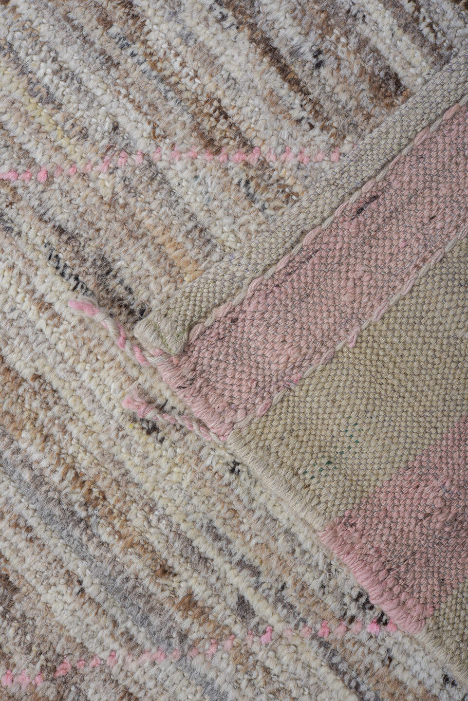 9' x 11' one-of-a-kind handmade vintage Tulu large size rug. Color palette: ivory, taupe, blush, gray, beige, pink