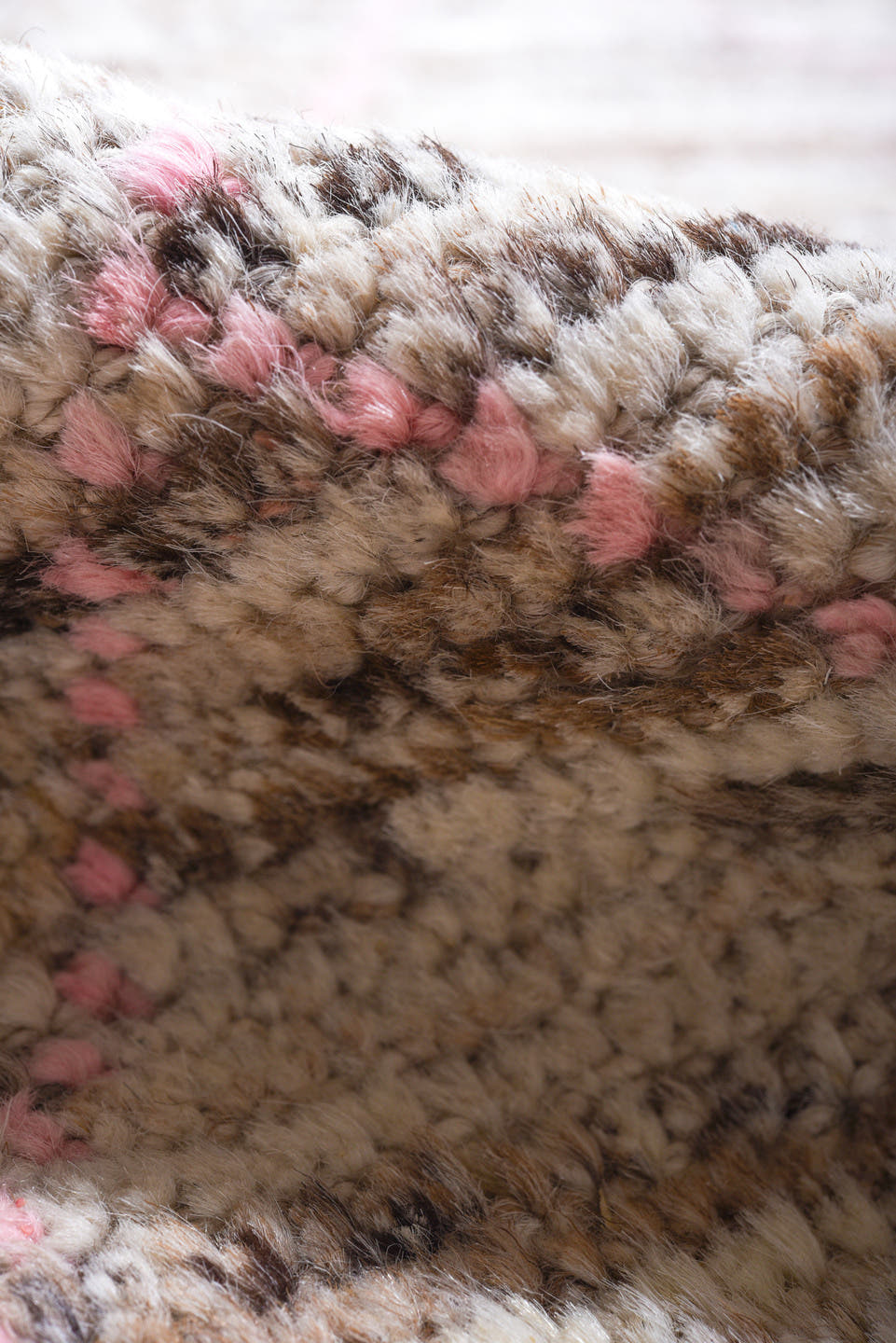 9' x 11' one-of-a-kind handmade vintage Tulu large size rug. Color palette: ivory, taupe, blush, gray, beige, pink