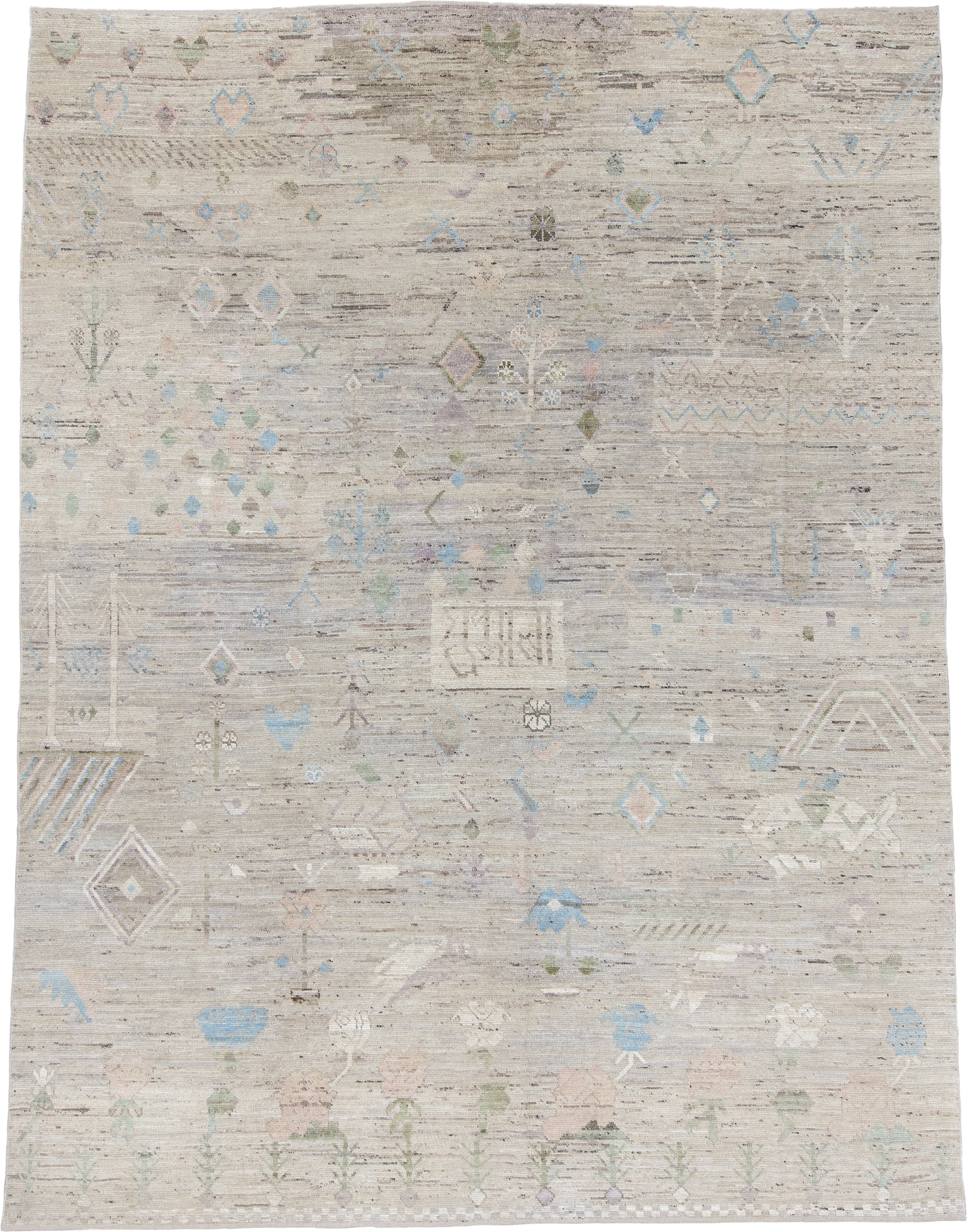 10' x 14' one-of-a-kind handmade vintage Tulu large size rug. Color palette: ivory, taupe, sky_blue, sage, blush, gray