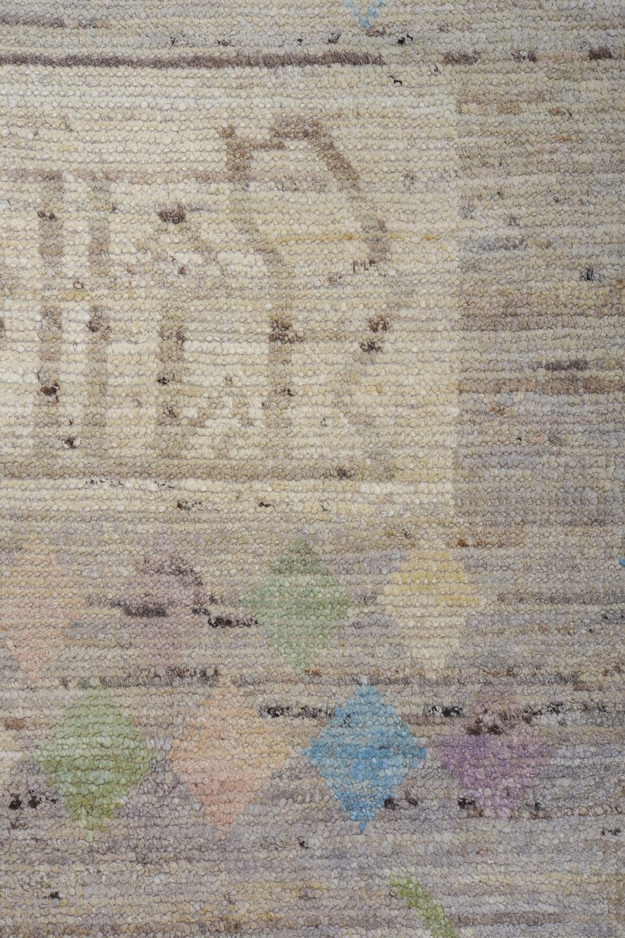 10' x 14' one-of-a-kind handmade vintage Tulu large size rug. Color palette: ivory, taupe, sky_blue, sage, blush, gray