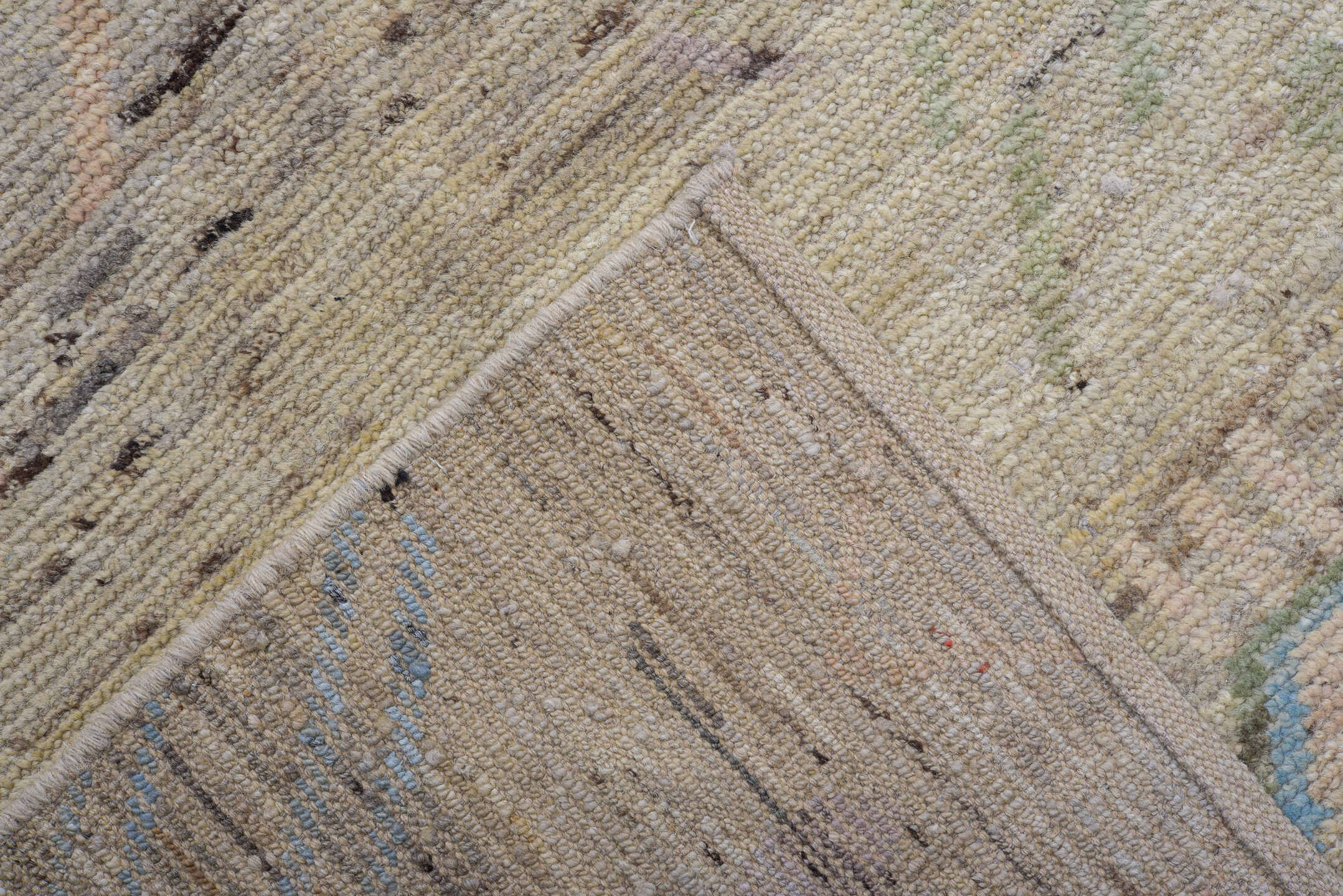 10' x 14' one-of-a-kind handmade vintage Tulu large size rug. Color palette: ivory, taupe, sky_blue, sage, blush, gray