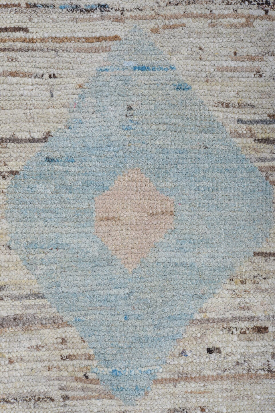 9' x 10' one-of-a-kind handmade vintage Tulu large size rug. Color palette: ivory, taupe, brown, sky_blue, lavender, beige