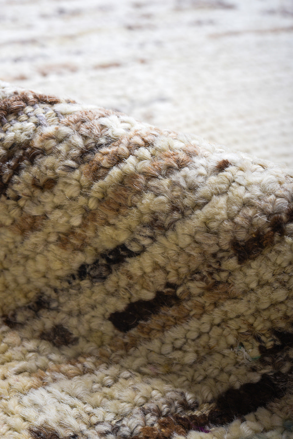 9' x 10' one-of-a-kind handmade vintage Tulu large size rug. Color palette: ivory, taupe, brown, sky_blue, lavender, beige