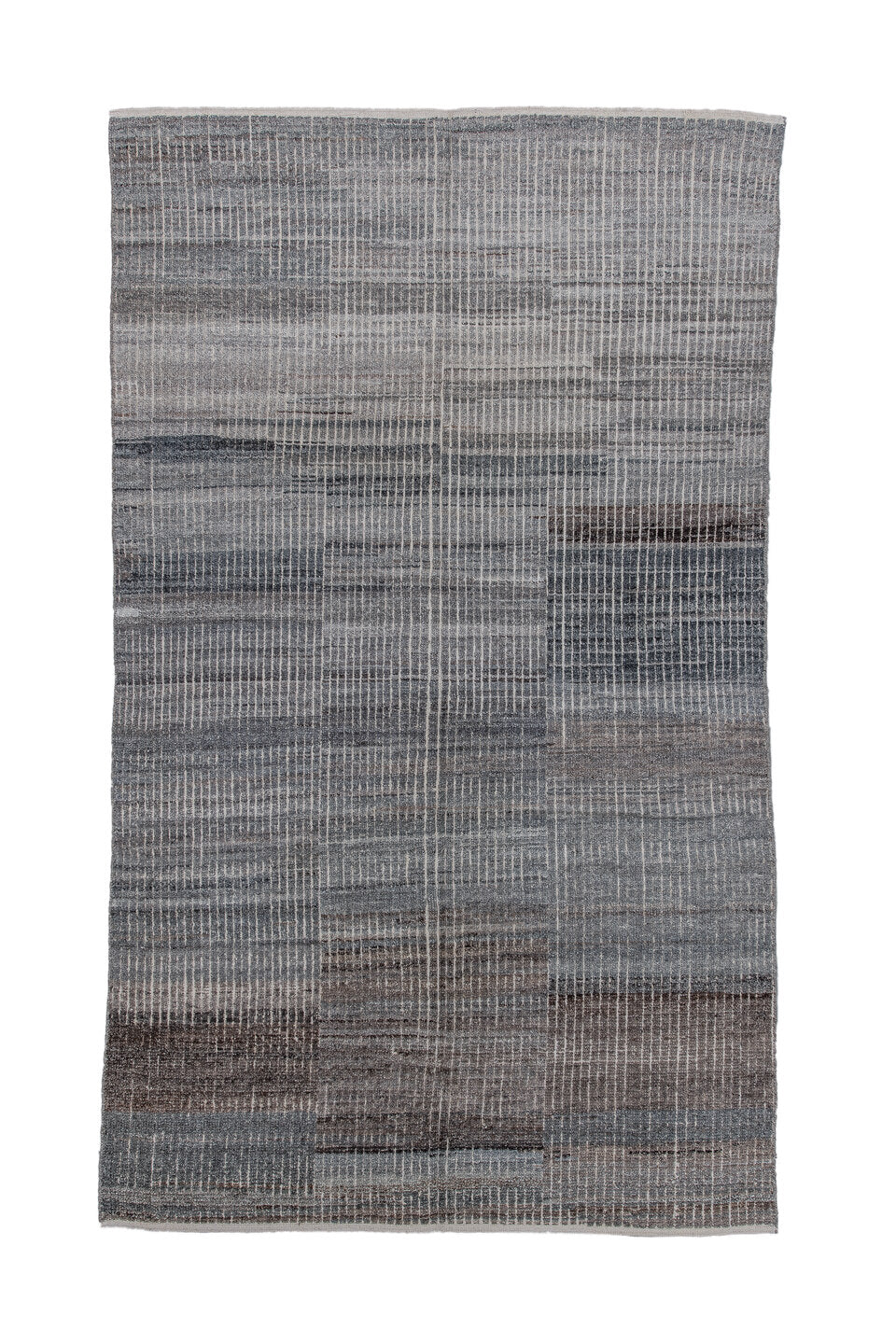 5' x 9' one-of-a-kind handmade vintage Tulu medium size rug. Color palette: gray, charcoal, taupe, ivory, greige, brown