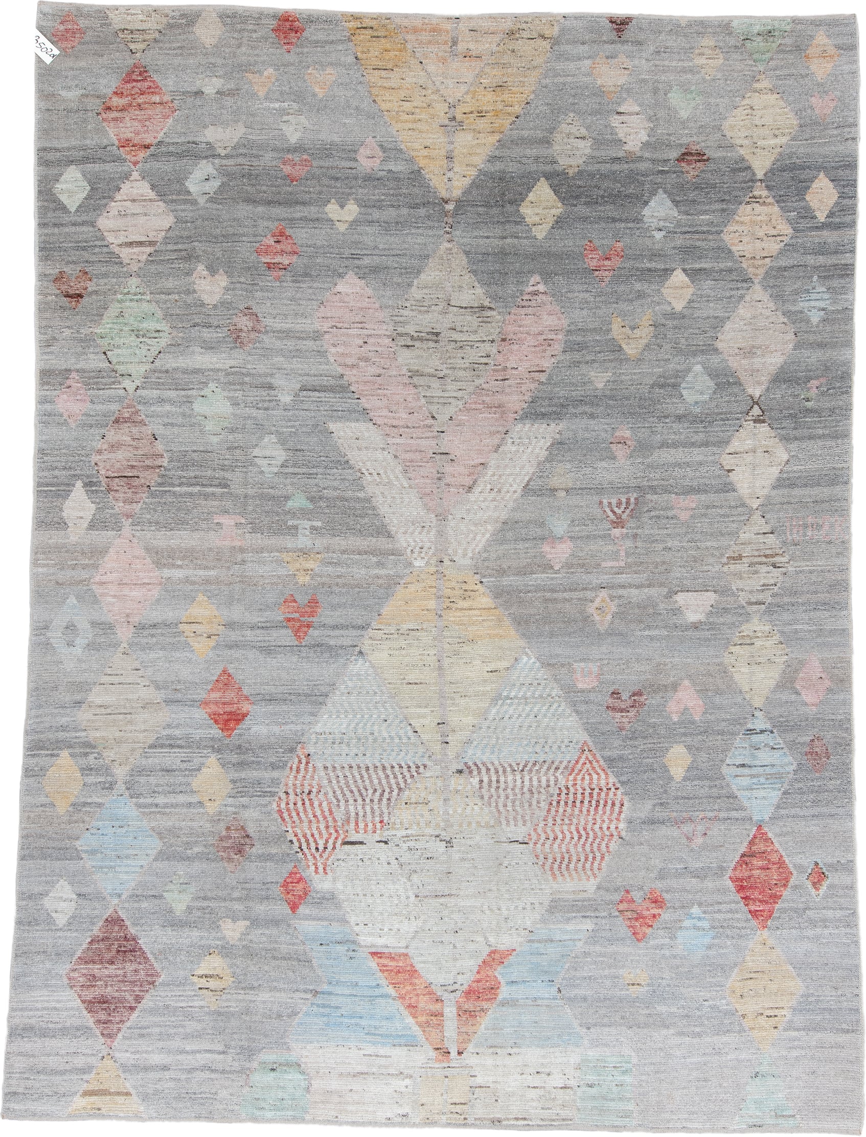10' x 13' one-of-a-kind handmade vintage Tulu large size rug. Color palette: gray, ivory, blush, faded coral, pale blue