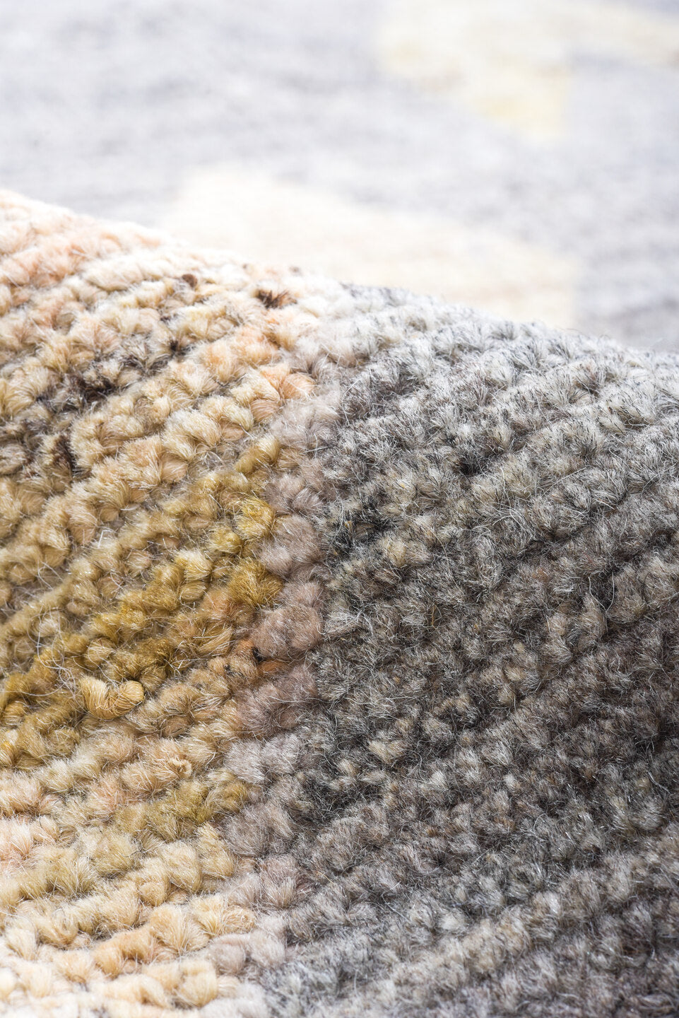 10' x 13' one-of-a-kind handmade vintage Tulu large size rug. Color palette: brown, dim gray, gray, light blue, light gray